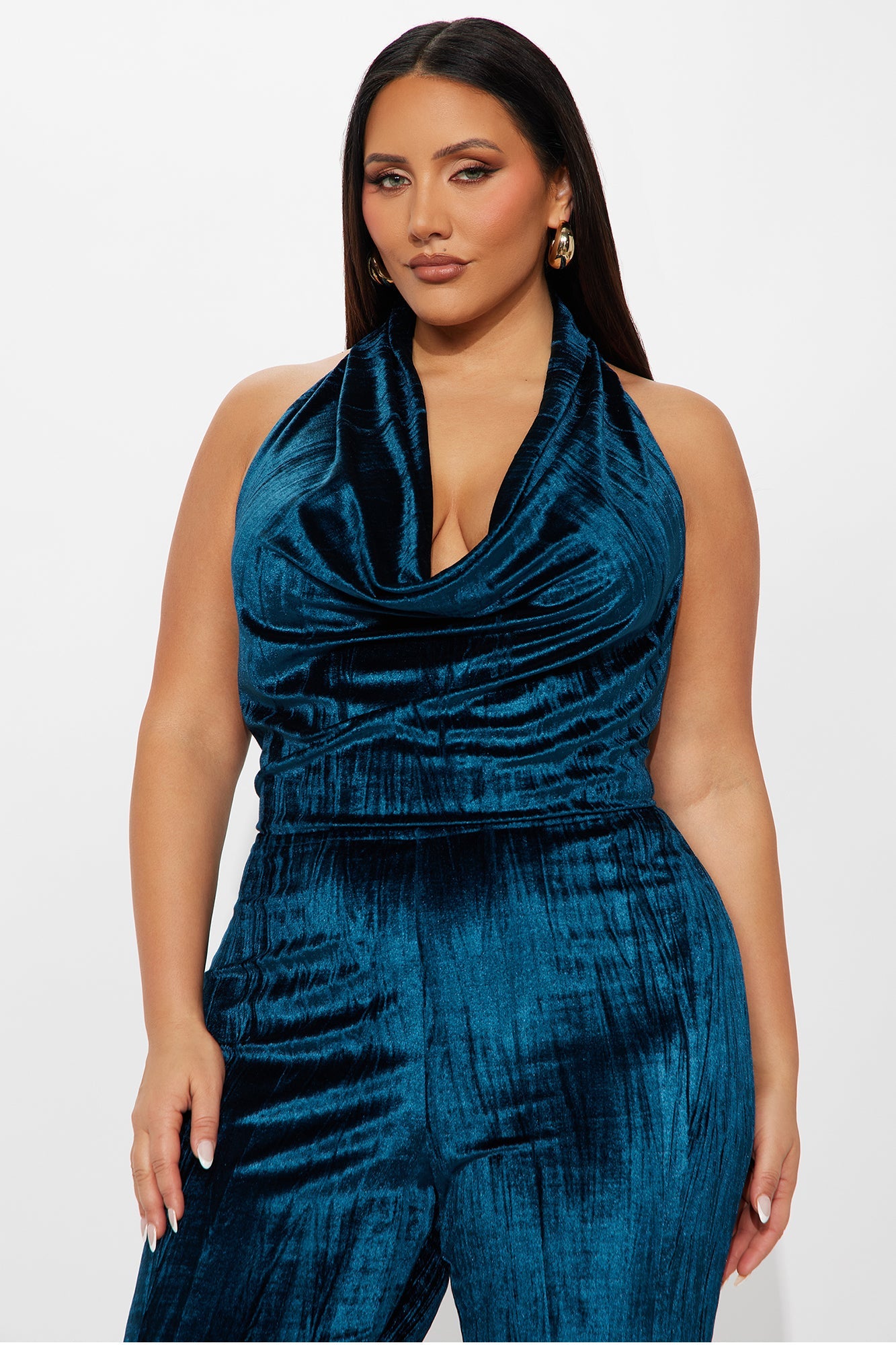 Leah Velvet Halter Flare Leg Jumpsuit - Teal