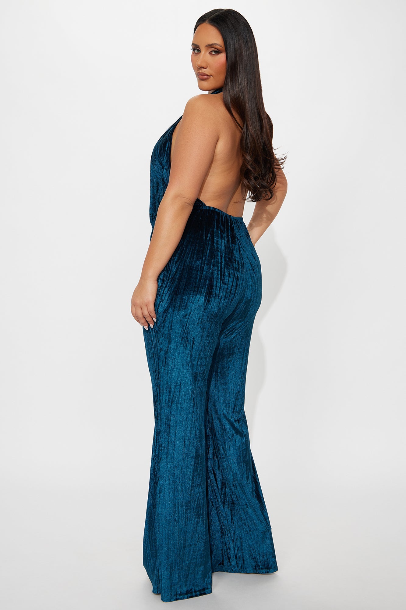 Leah Velvet Halter Flare Leg Jumpsuit - Teal