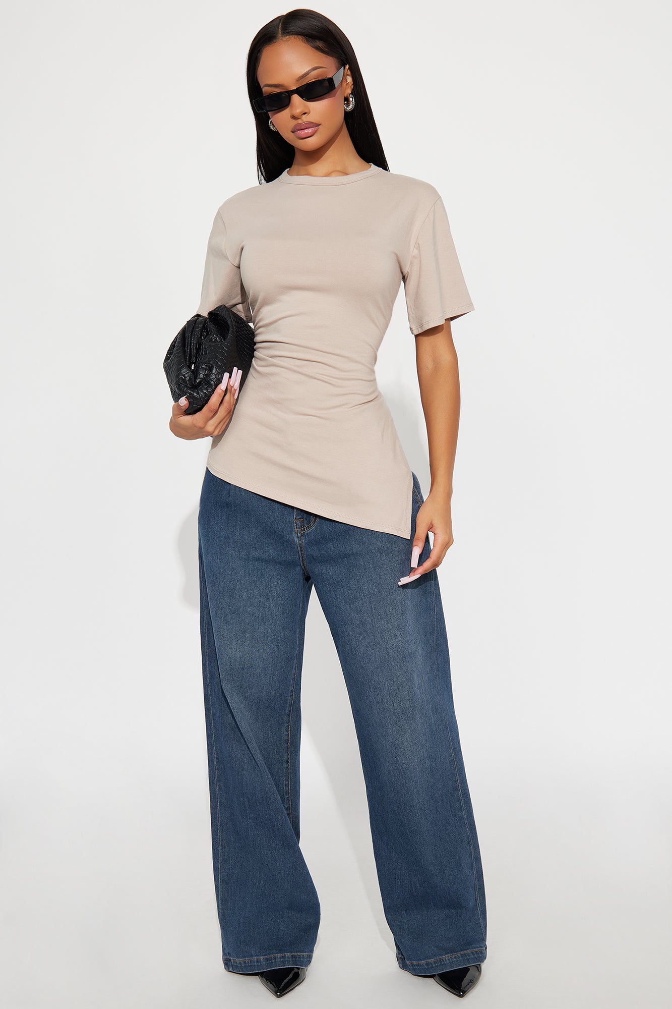 Roseline Short Sleeve Ruched Tshirt - Stone