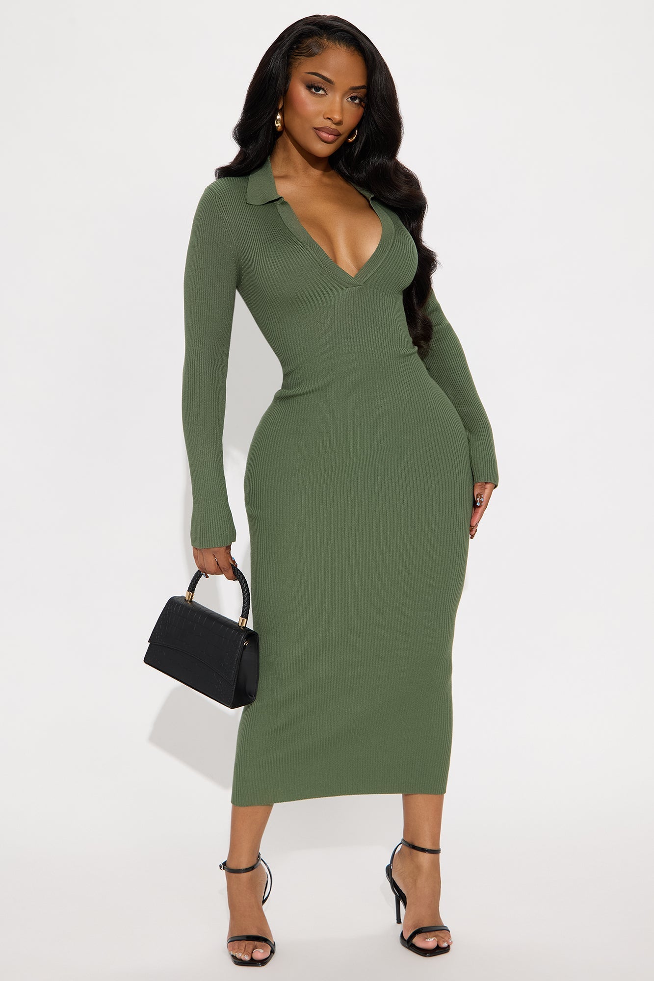 Piper Collar Ribbed Midi Dress - Olive