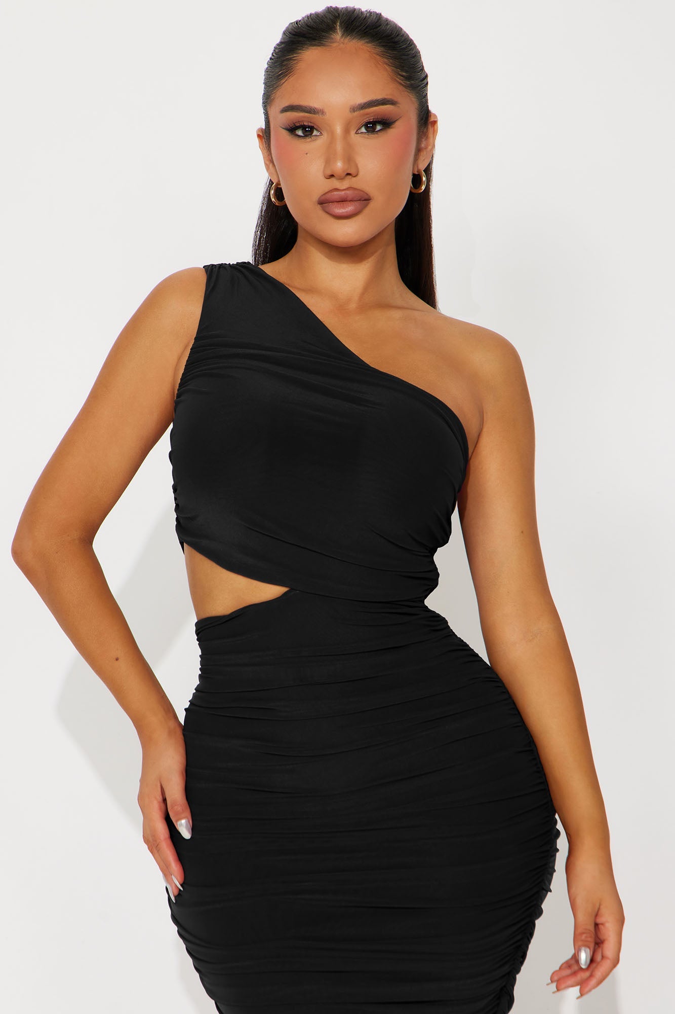 Dinner In Venice Ruched Midi Dress - Black