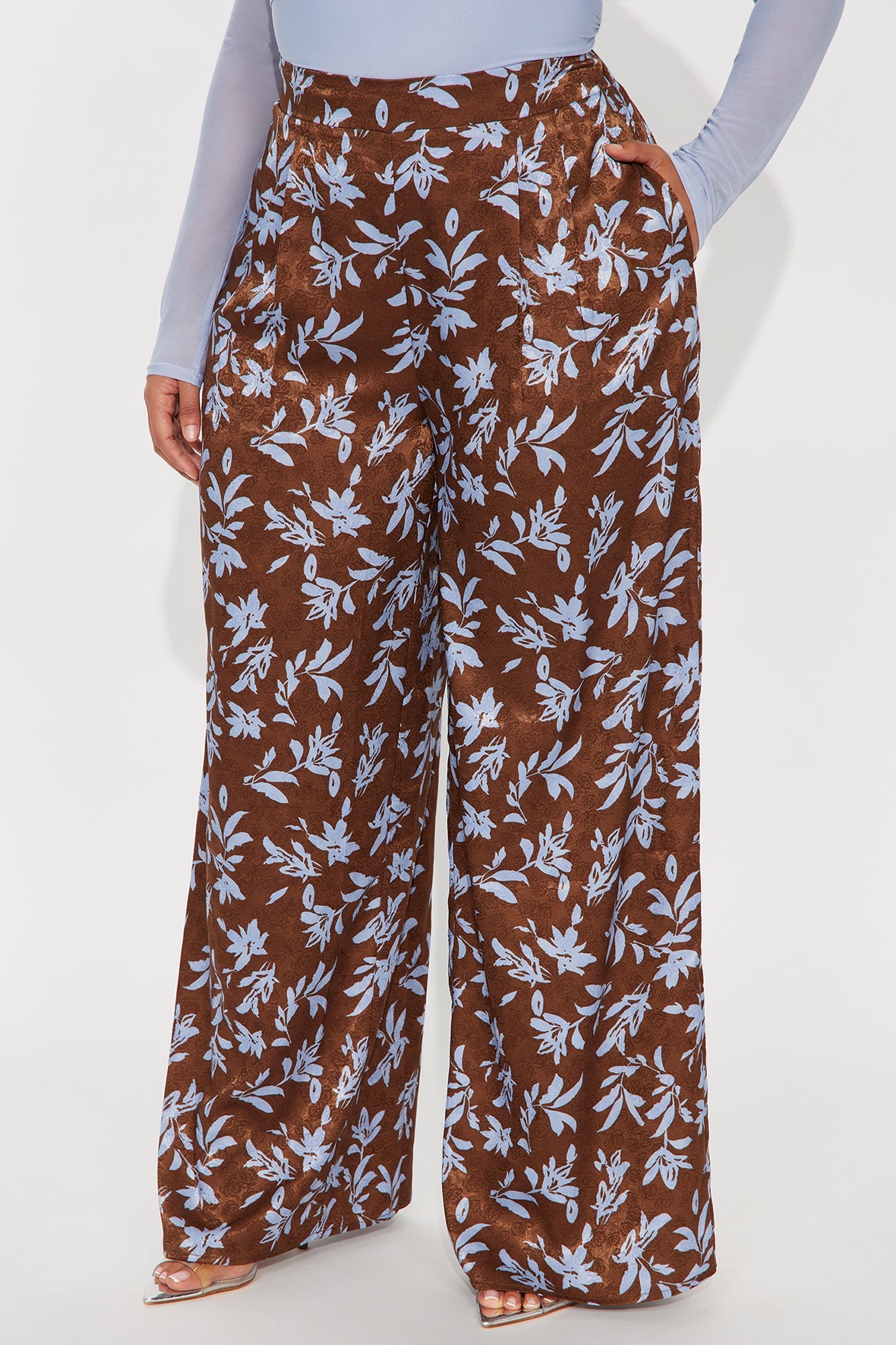 Faye Satin Floral Wide Leg Pant 33″ - Chocolate/Combo