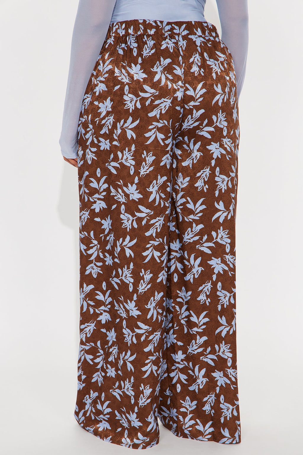 Faye Satin Floral Wide Leg Pant 33″ - Chocolate/Combo