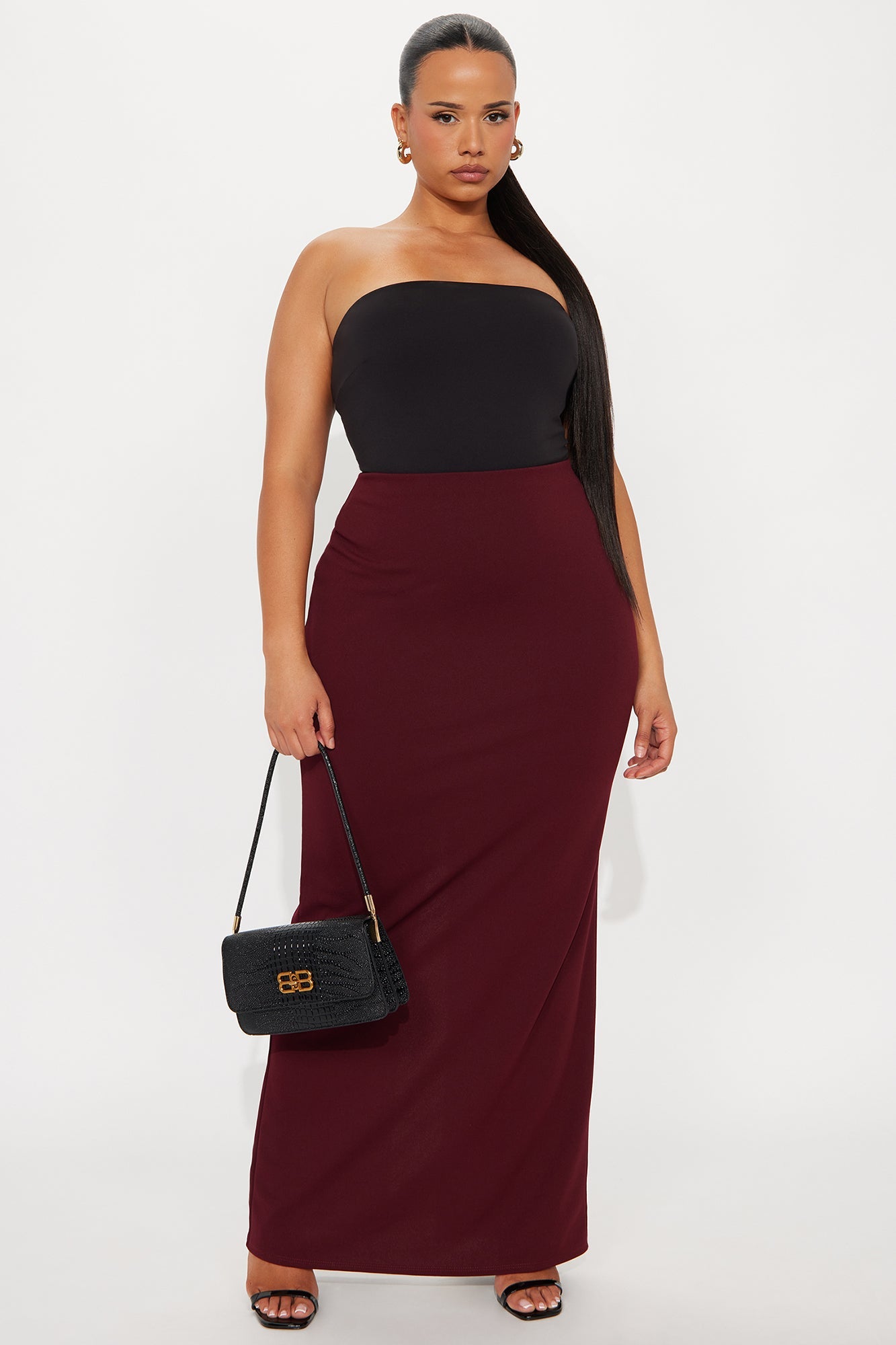 Camila Crepe Knit Back Slit Maxi Skirt - Burgundy