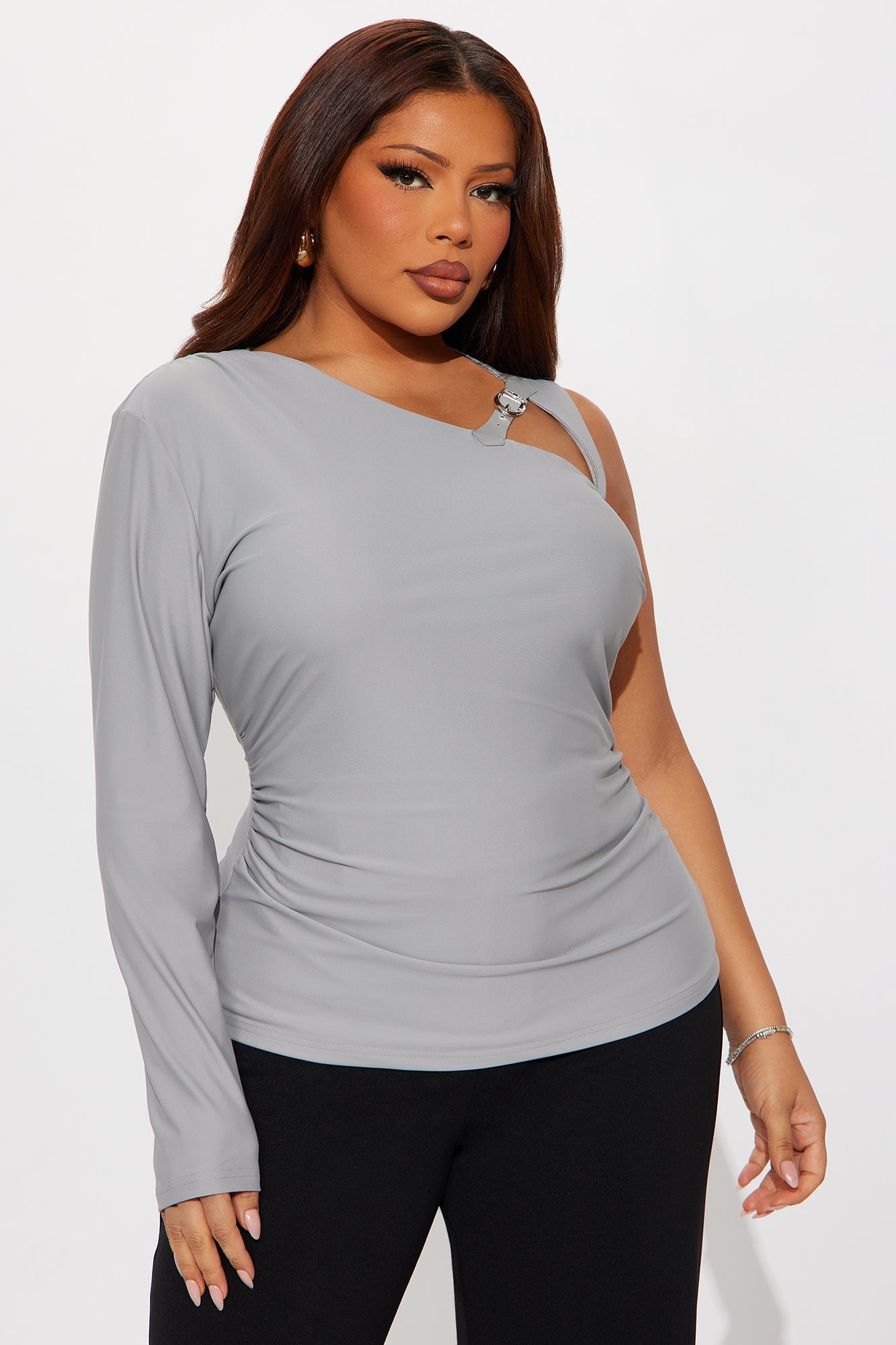 Gwen Buckle One Shoulder Top - Heather Grey