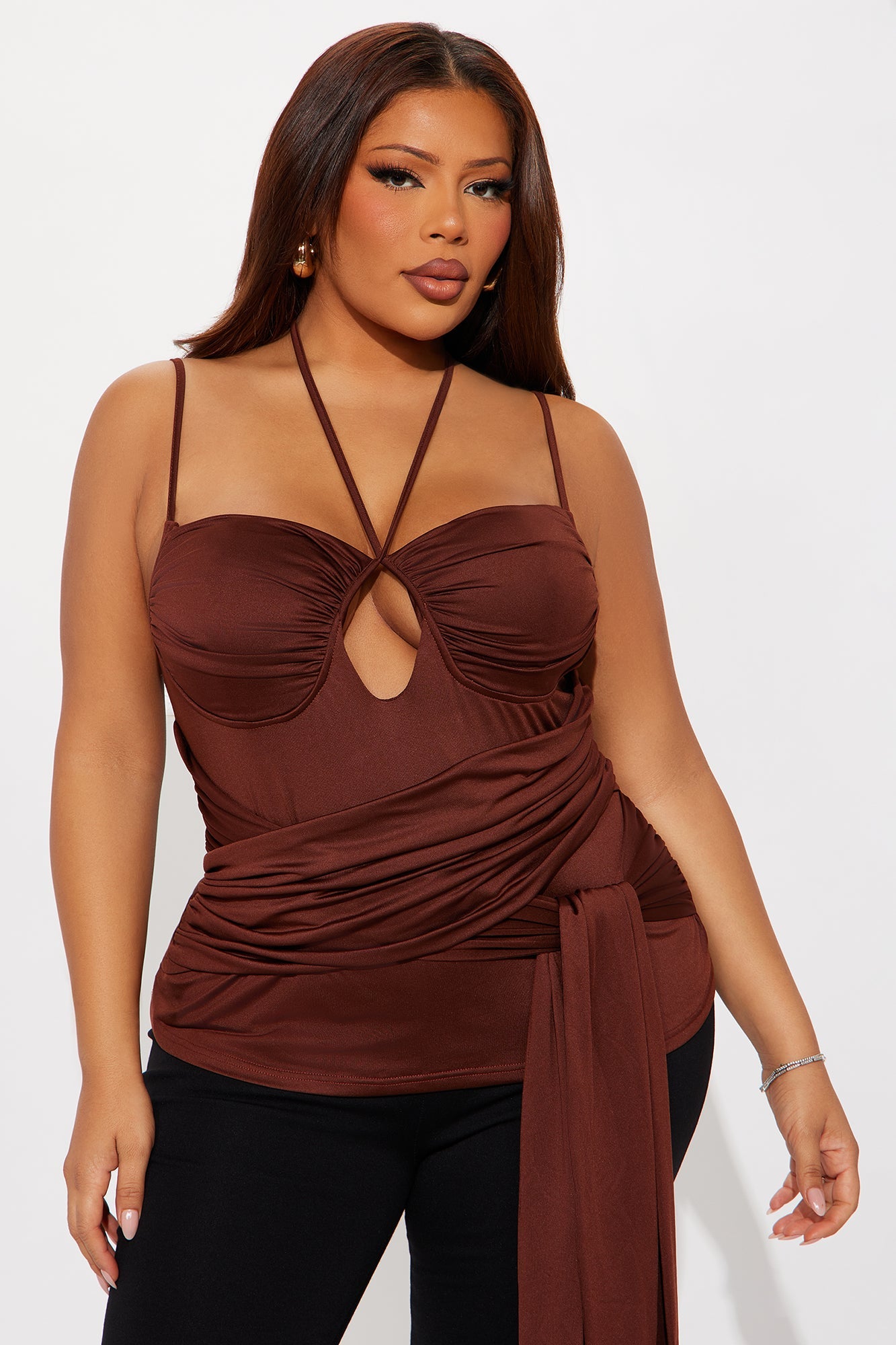 Mikaela Ruched Halter Top - Chocolate