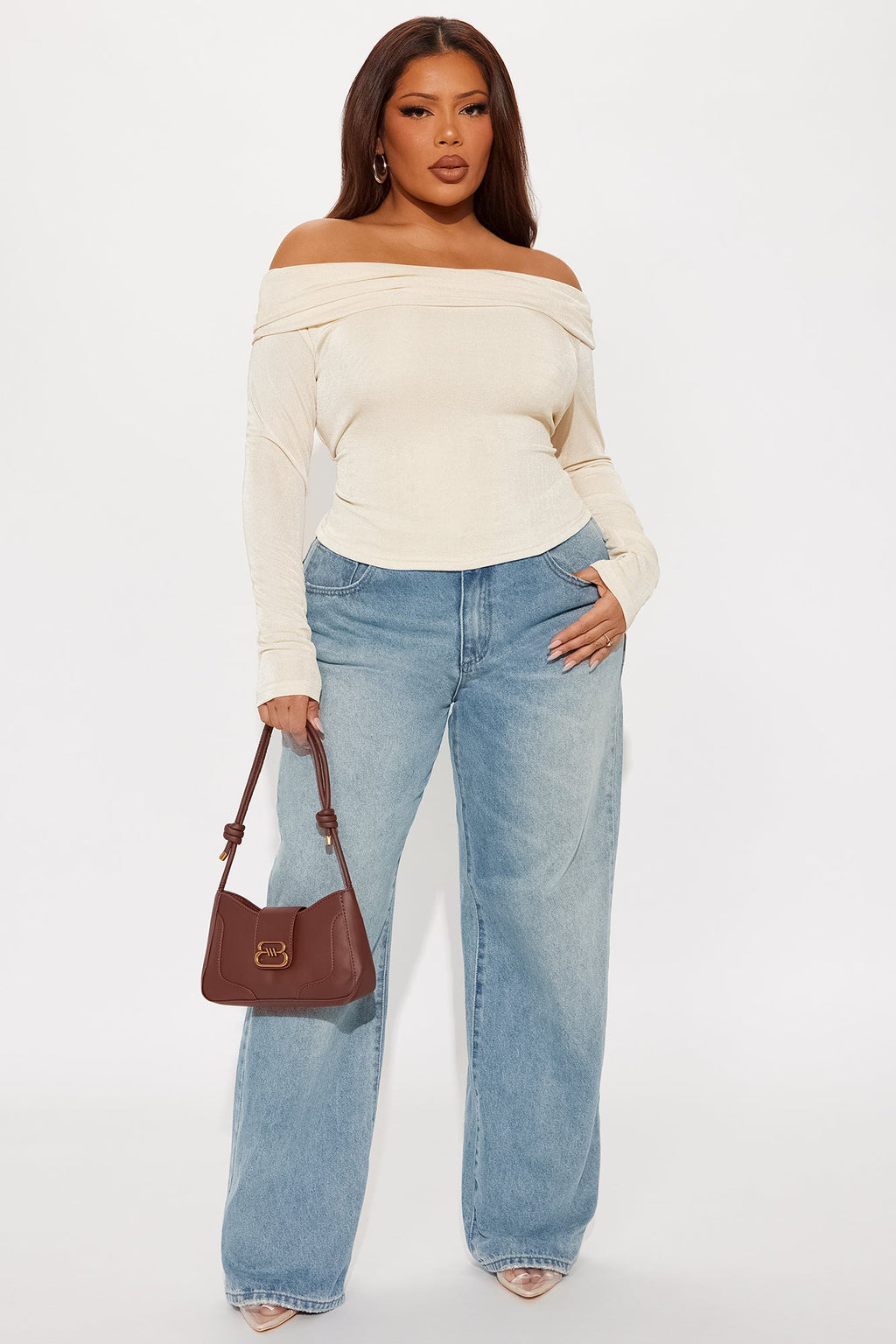 Parisian Long Sleeve Off Shoulder Top - Stone