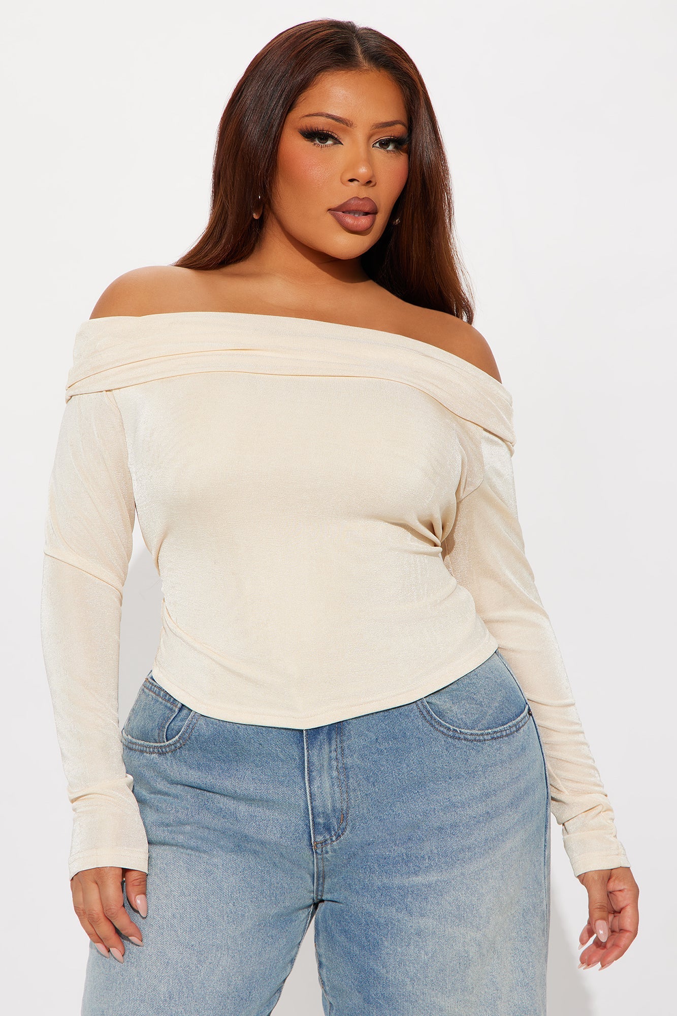Parisian Long Sleeve Off Shoulder Top - Stone