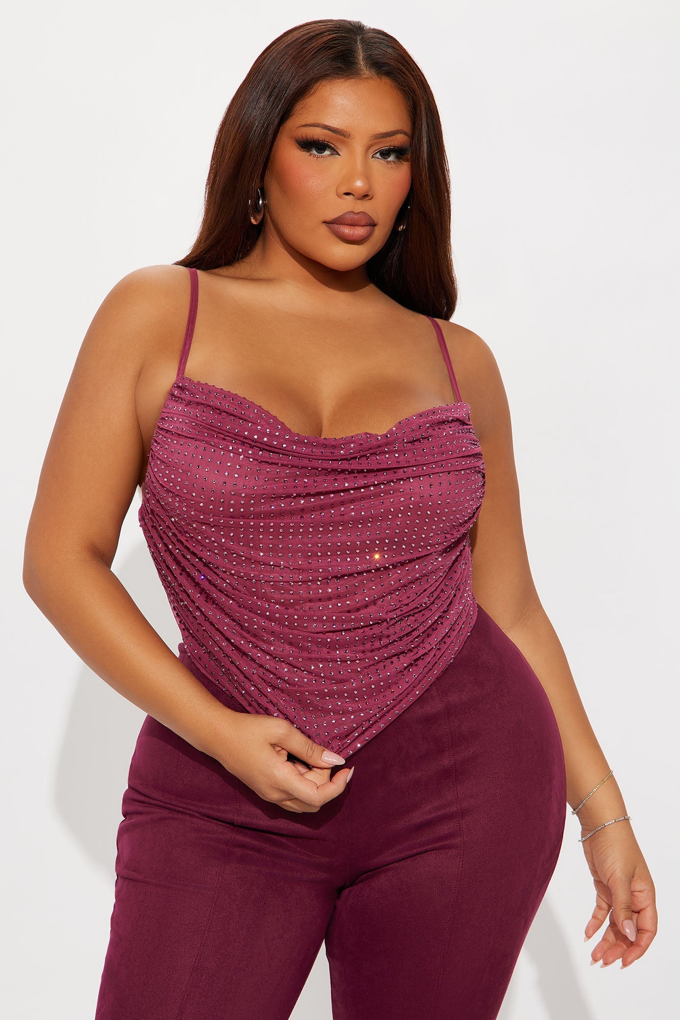 Eye Catching Rhinestone Mesh Cowl Neck Top - Plum