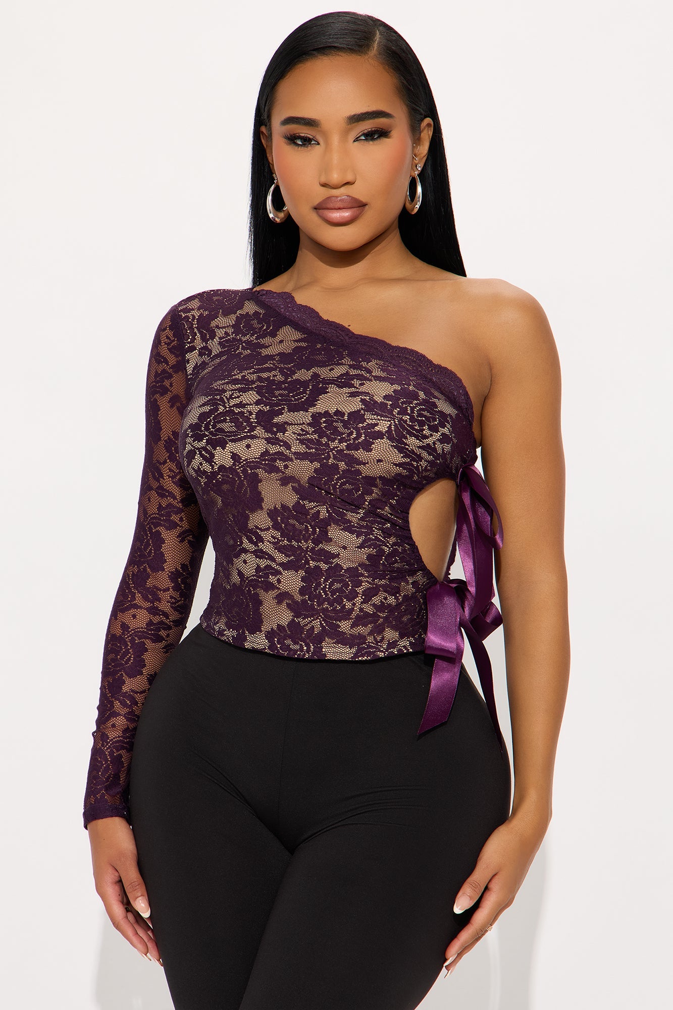 Fearless Grace Lace One Shoulder Top - Eggplant