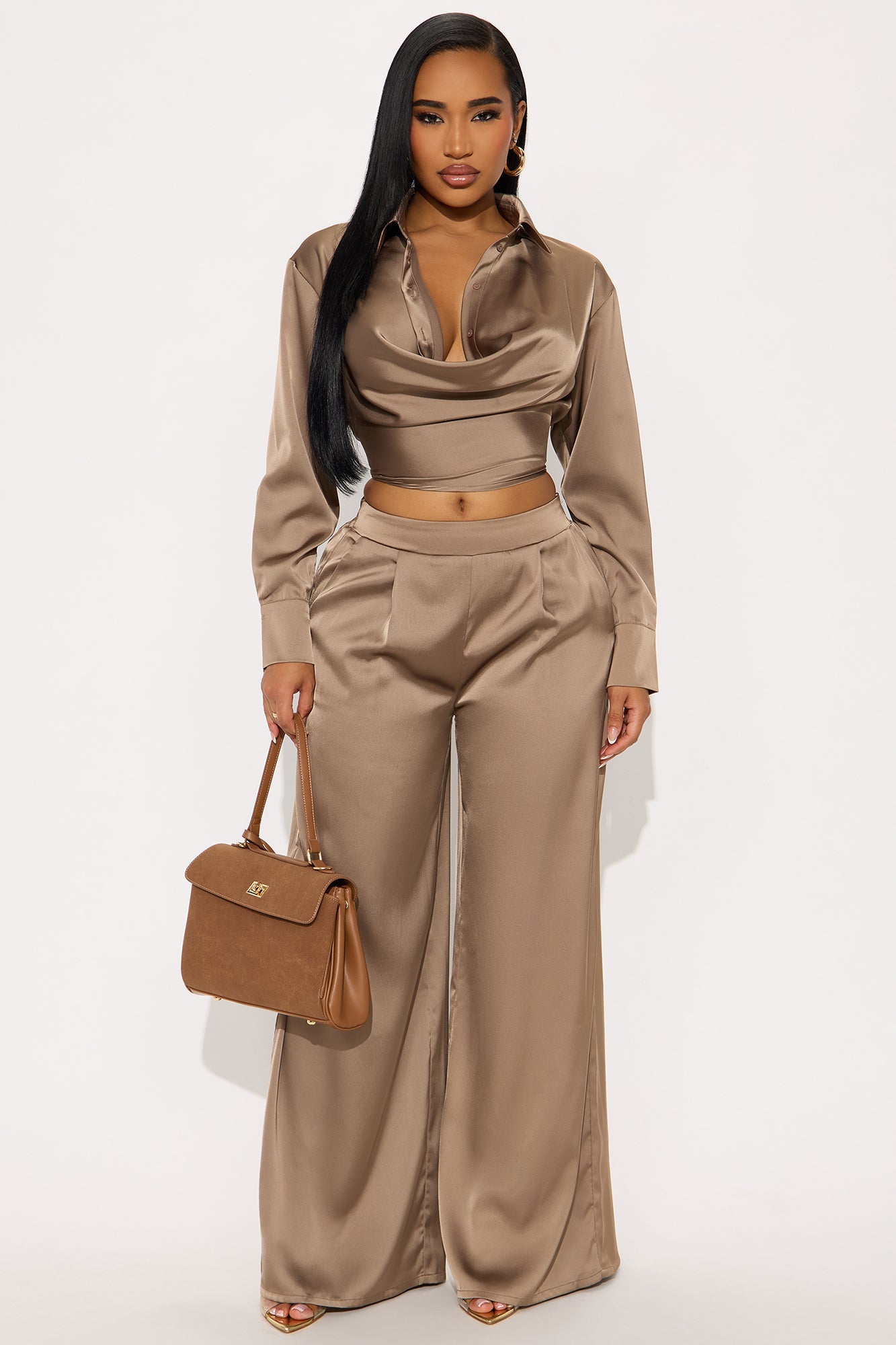 Champagne Dreams Satin Pant Set - Bronze