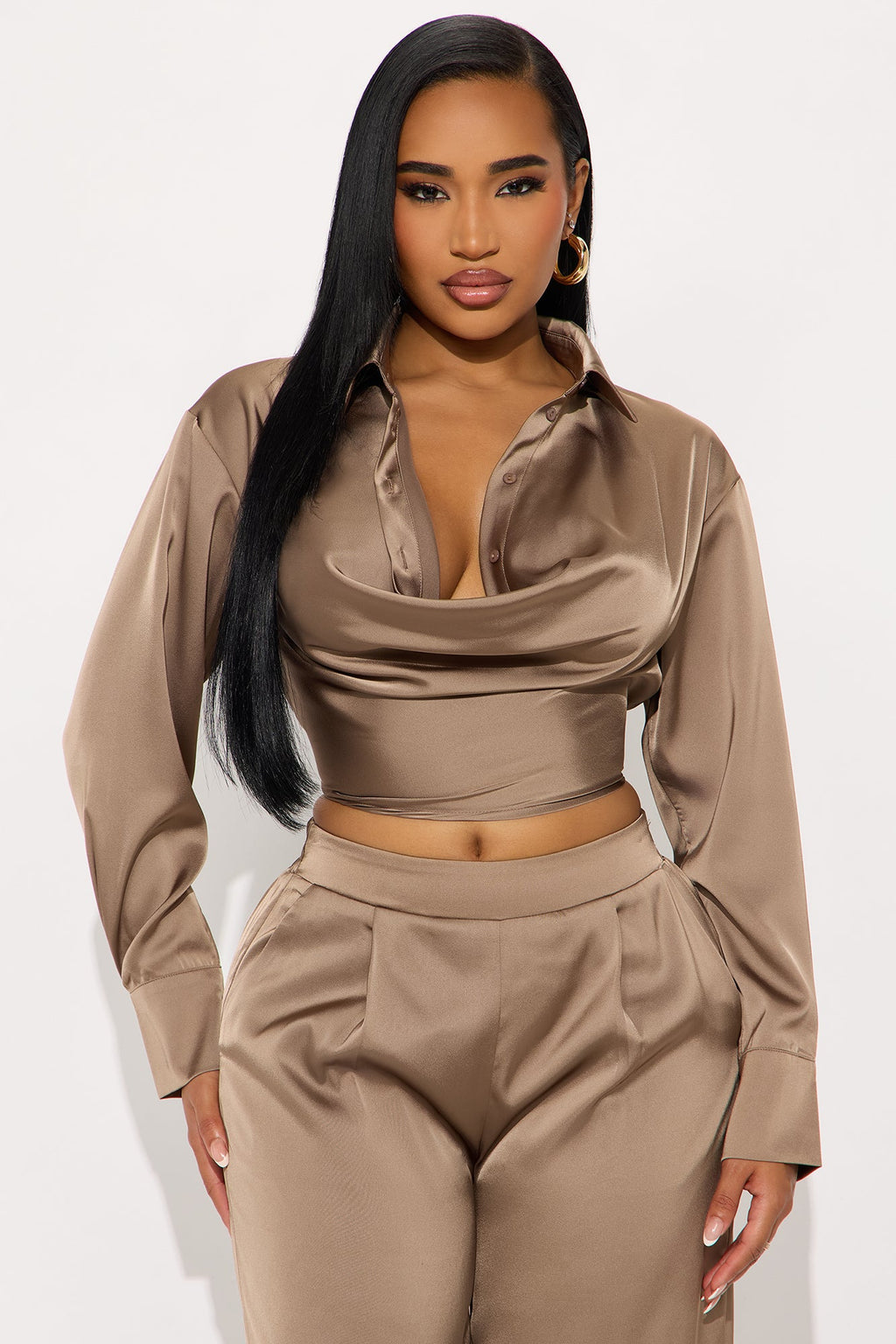 Champagne Dreams Satin Pant Set - Bronze