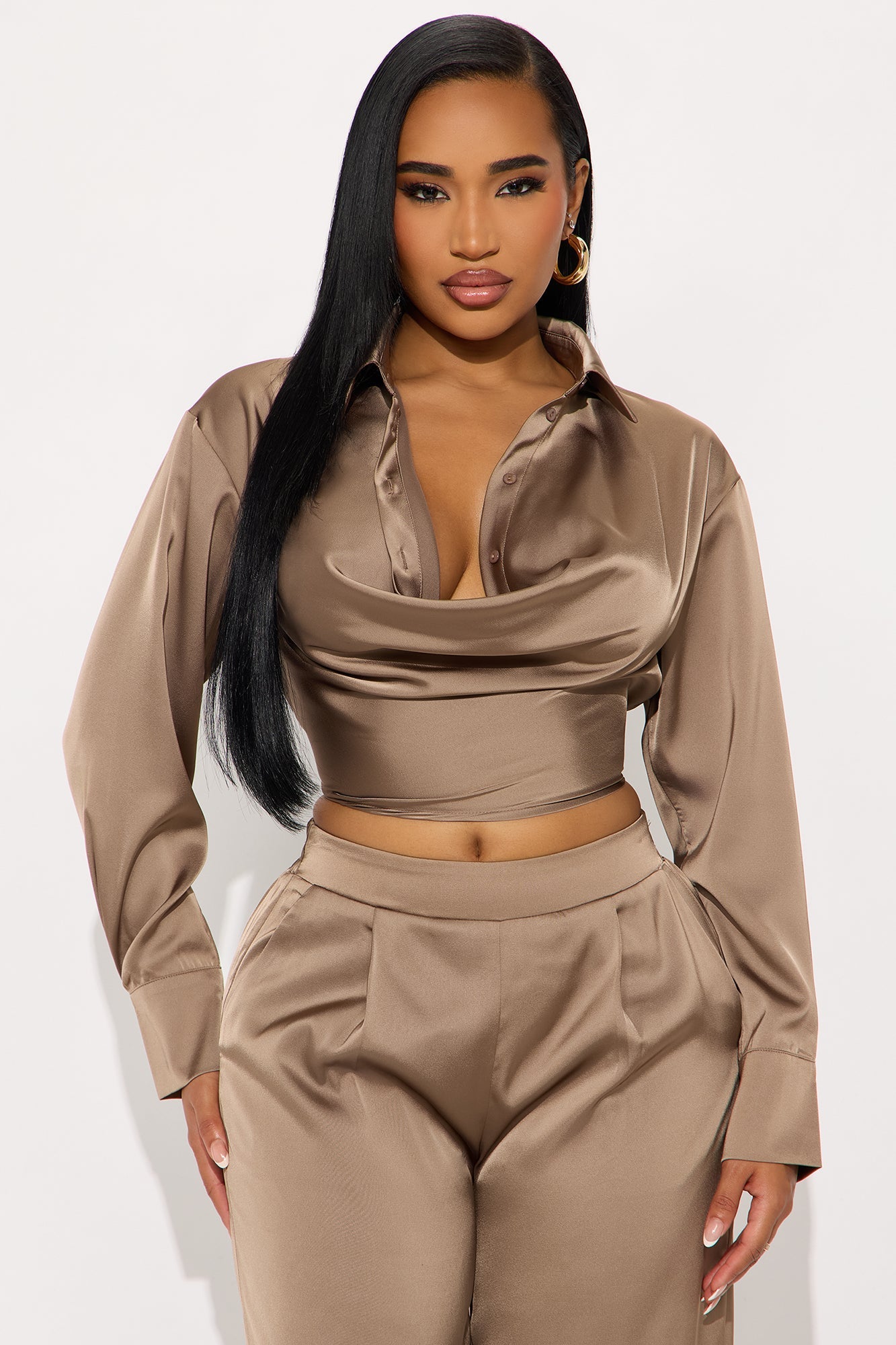 Champagne Dreams Satin Pant Set - Bronze