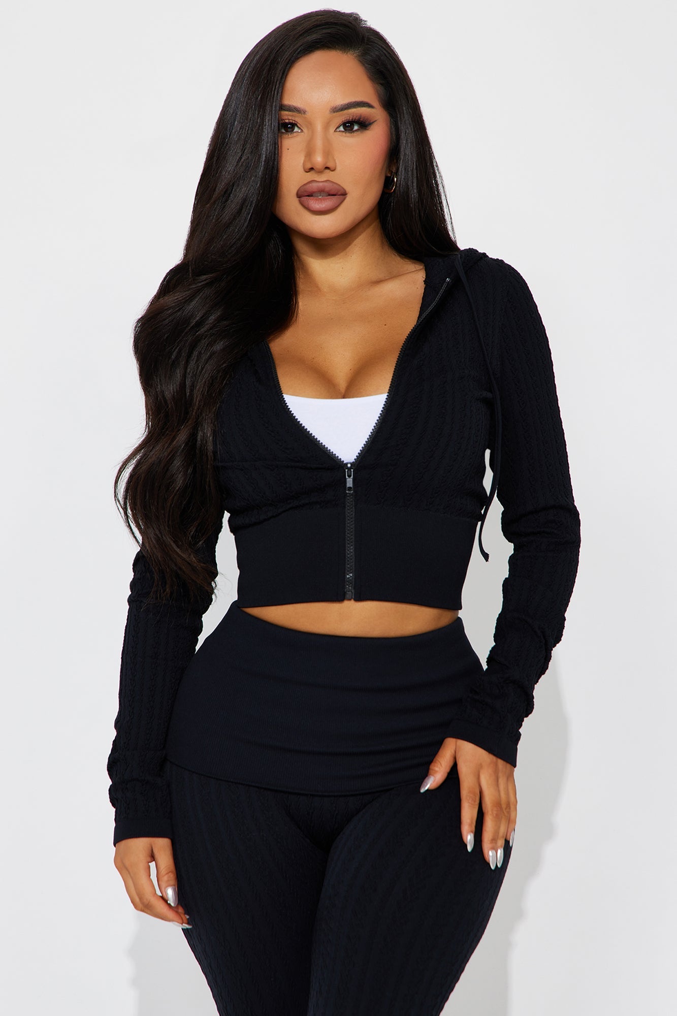 Kya Textured Knit Hoodie Pant Set - Black