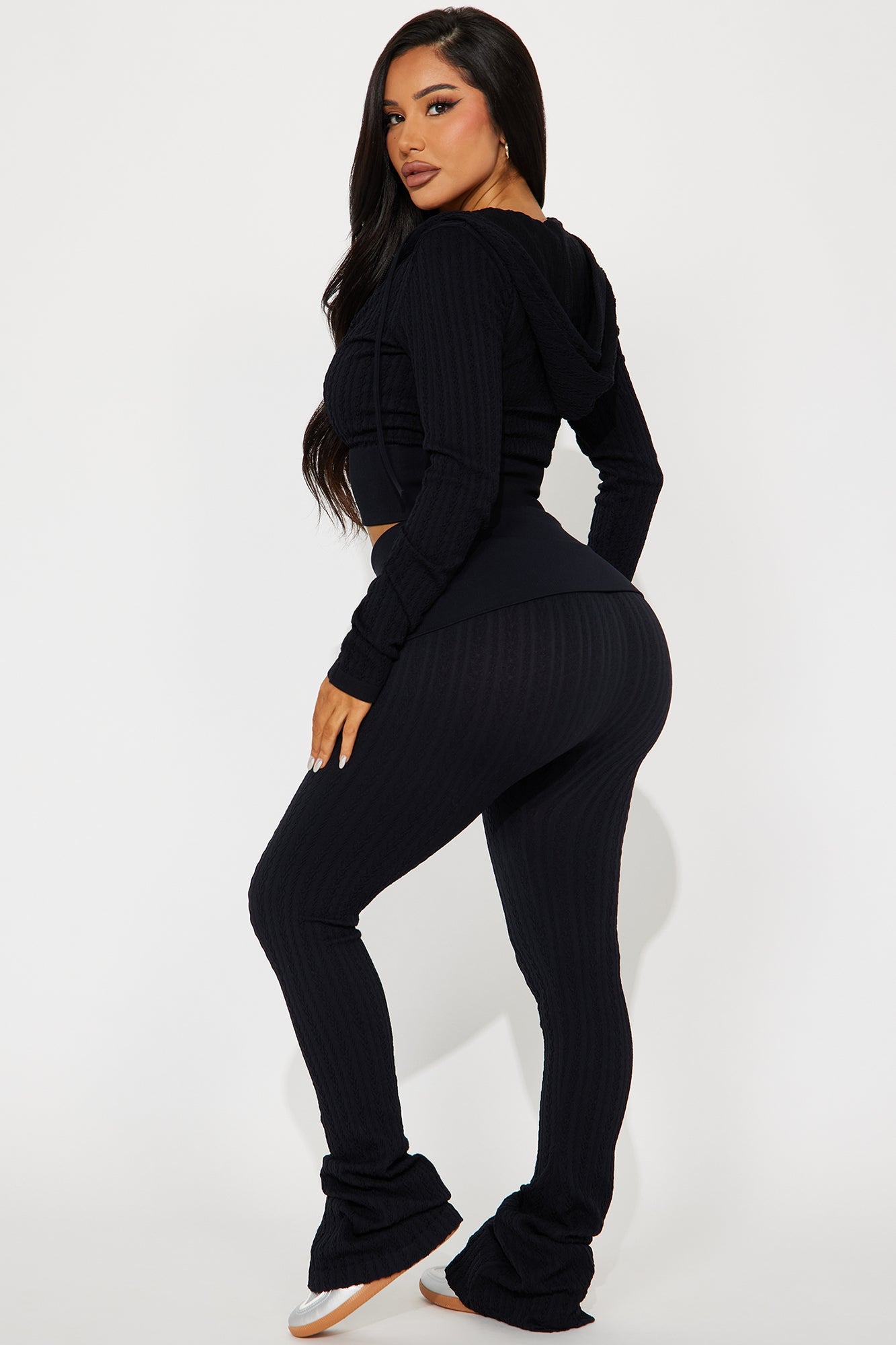 Kya Textured Knit Hoodie Pant Set - Black