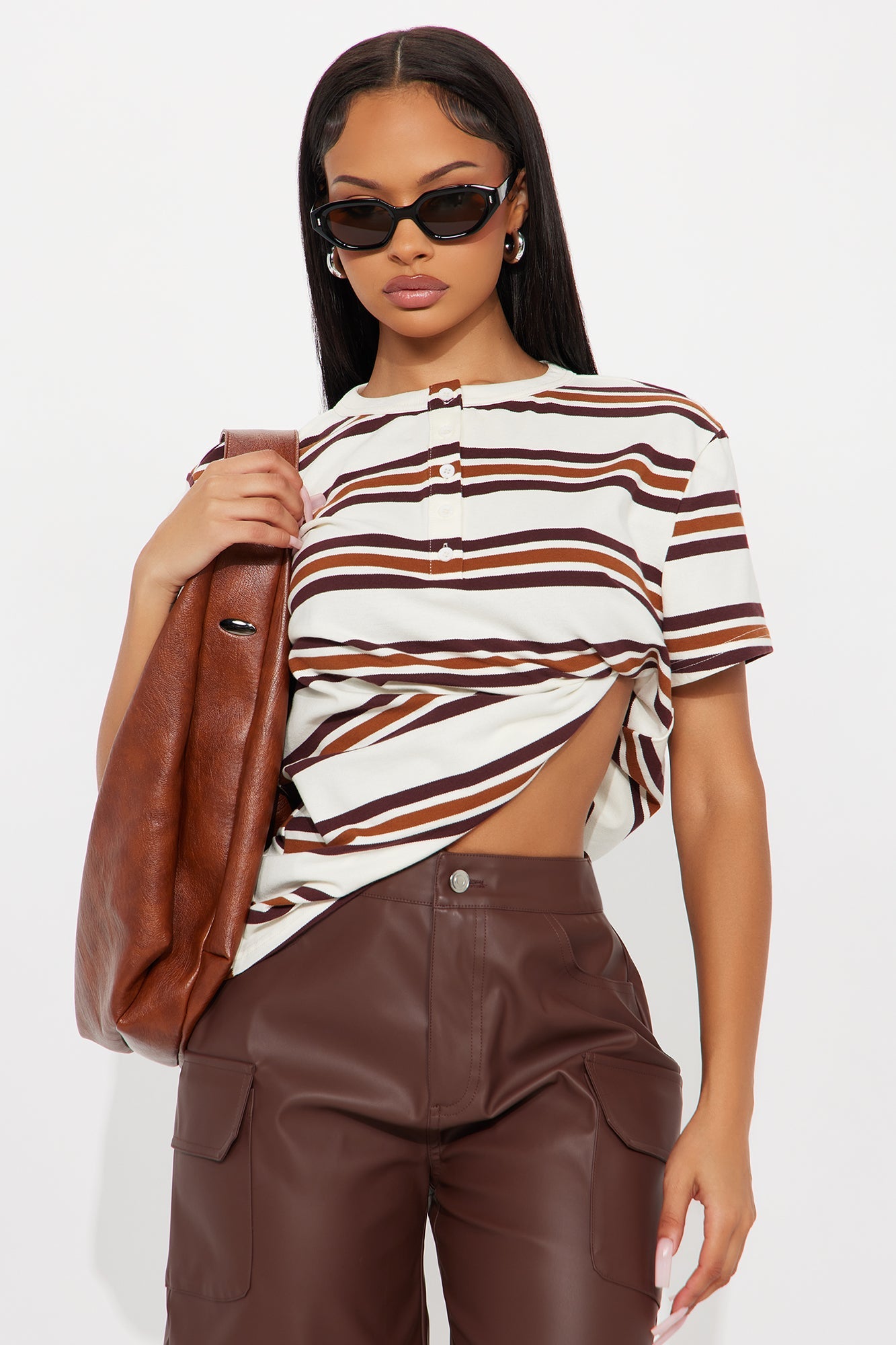 Demi Short Sleeve Henley Top - Brown/combo