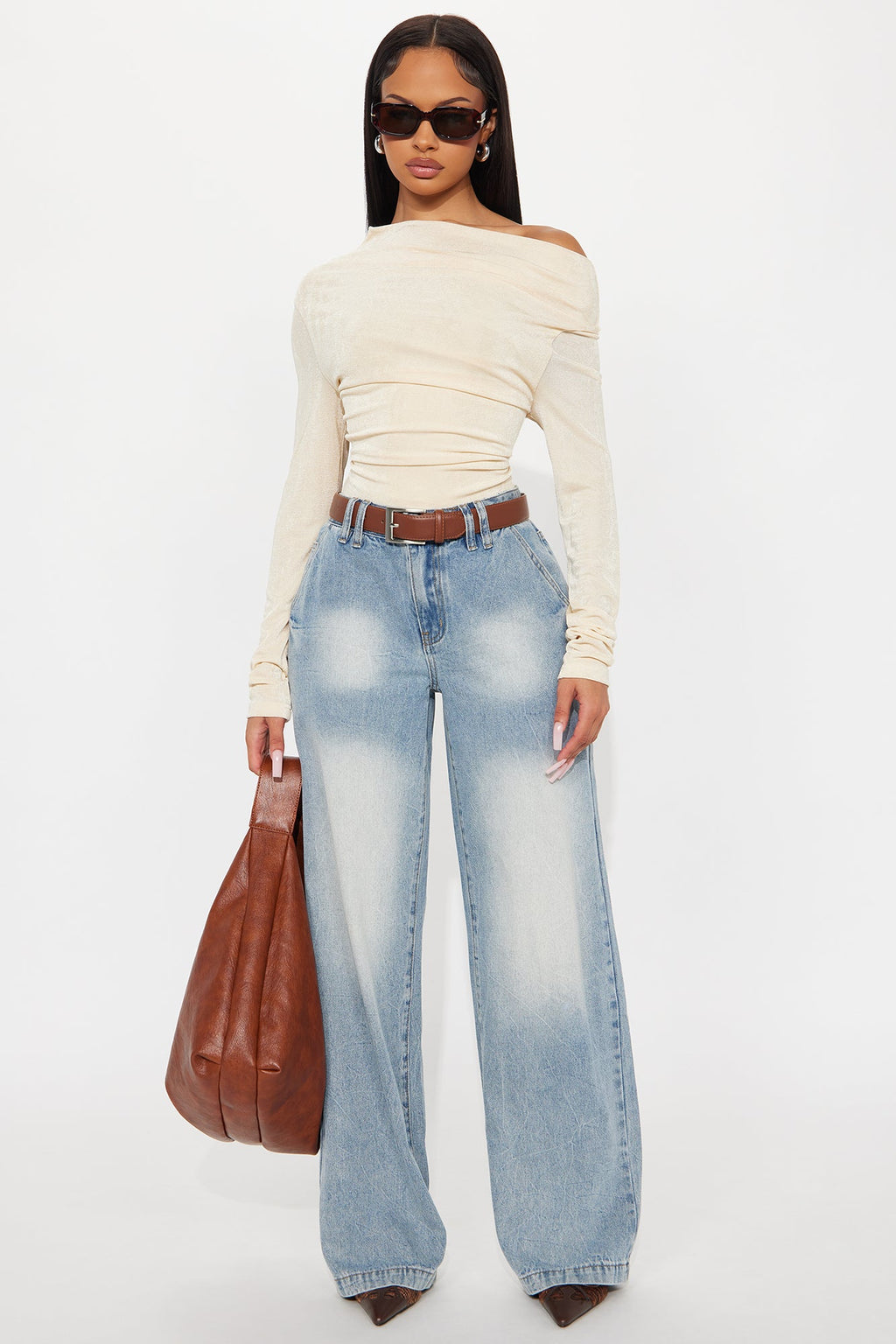 Parisian Long Sleeve Off Shoulder Top - Stone