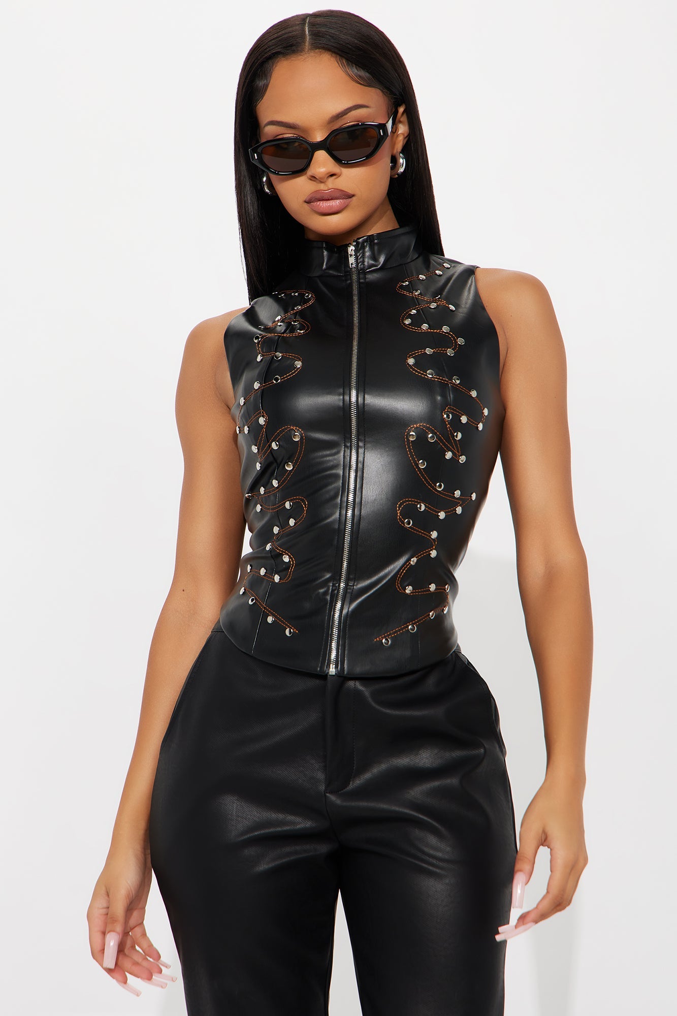Biker Girl Studded Faux Leather Vest - Black