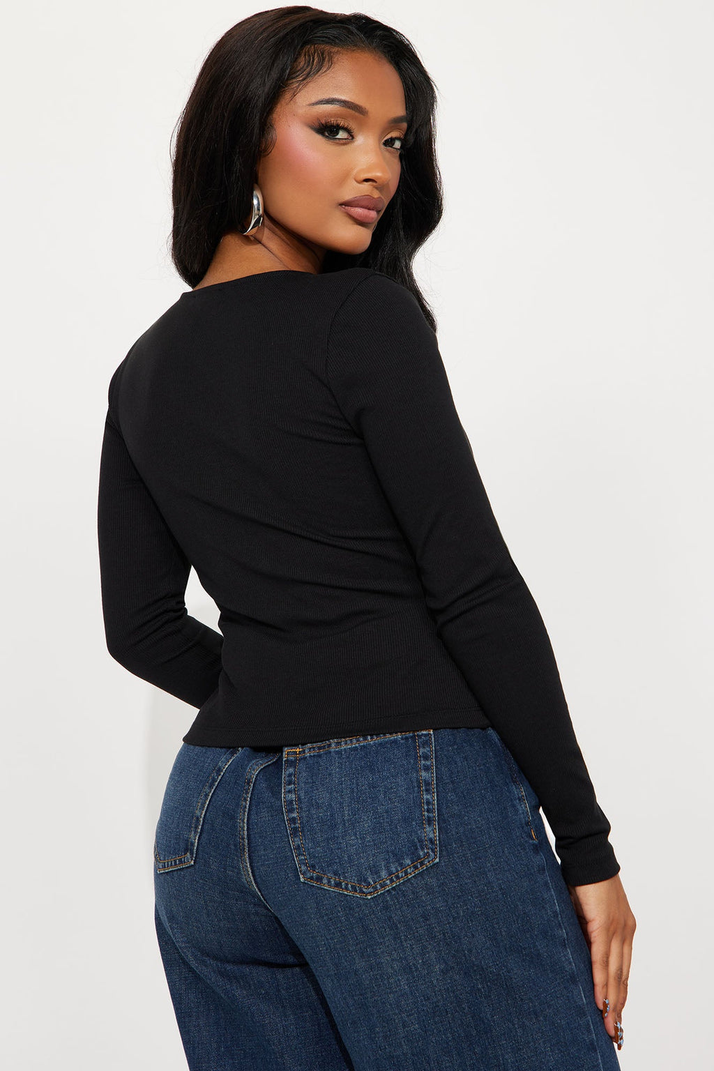 Girl Power Zip Front Ribbed Long Sleeve Top - Black