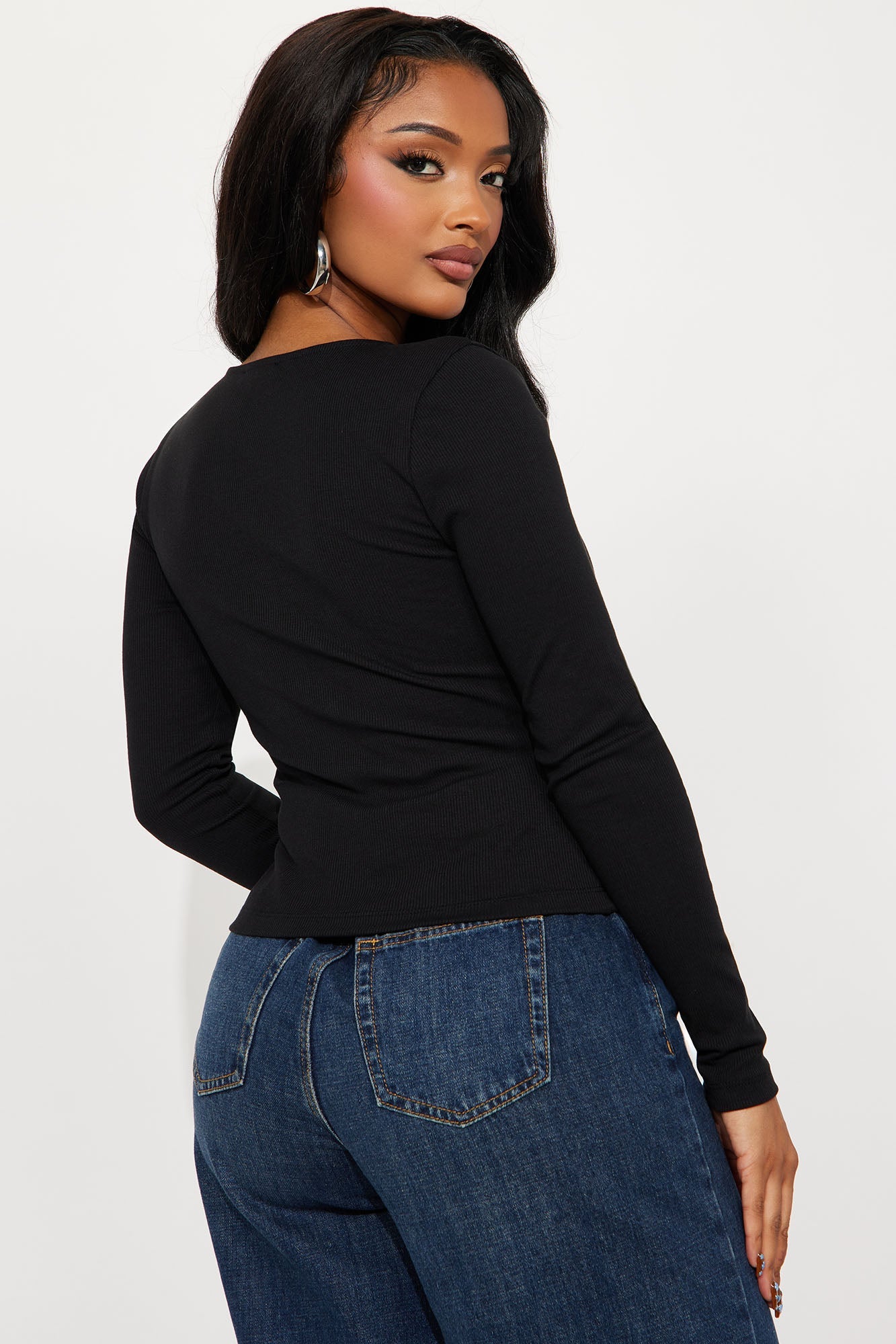 Girl Power Zip Front Ribbed Long Sleeve Top - Black