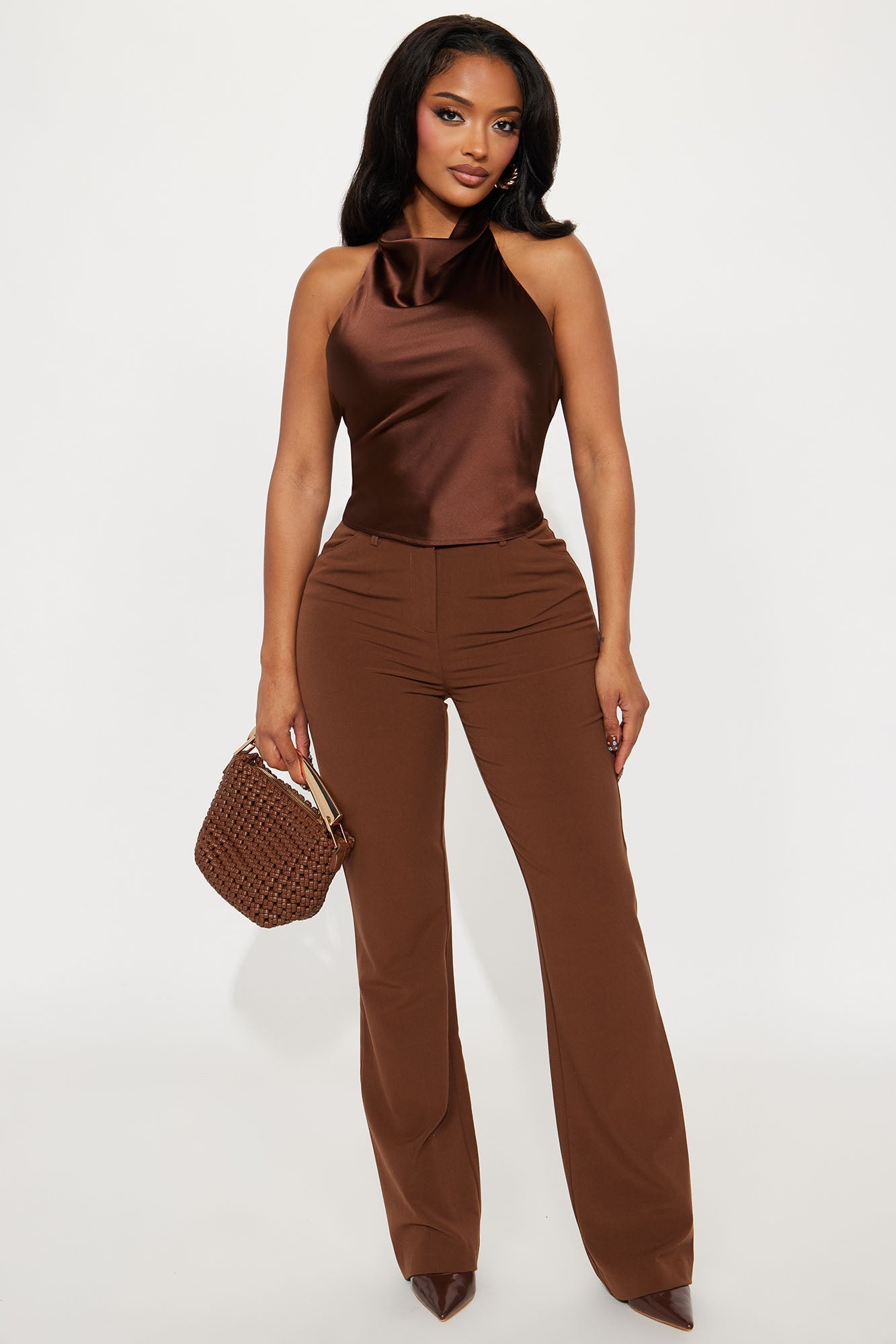 A Cute One Satin Halter Top - Chocolate