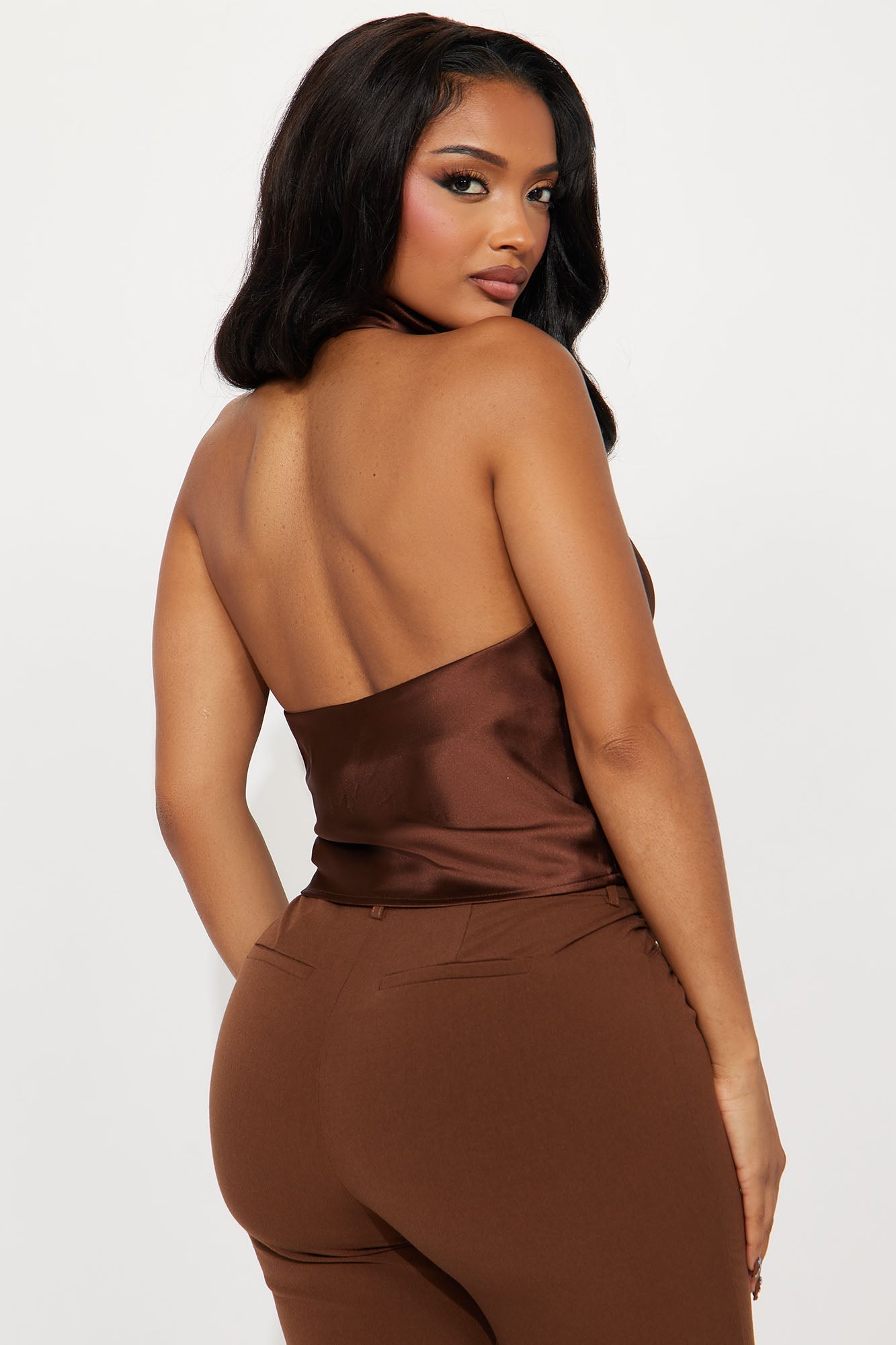 A Cute One Satin Halter Top - Chocolate