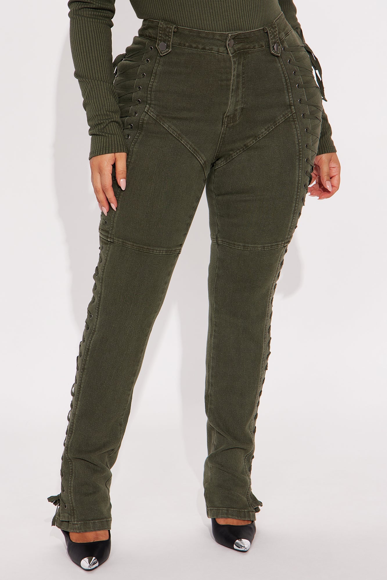 After Hours Lace Up Flare Pant - Olive