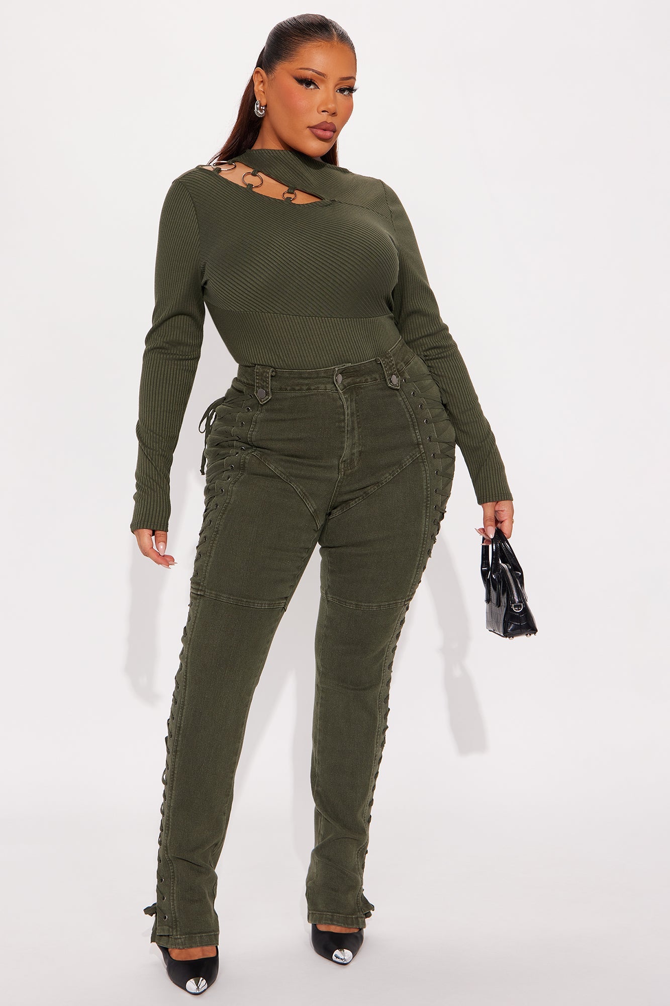 After Hours Lace Up Flare Pant - Olive