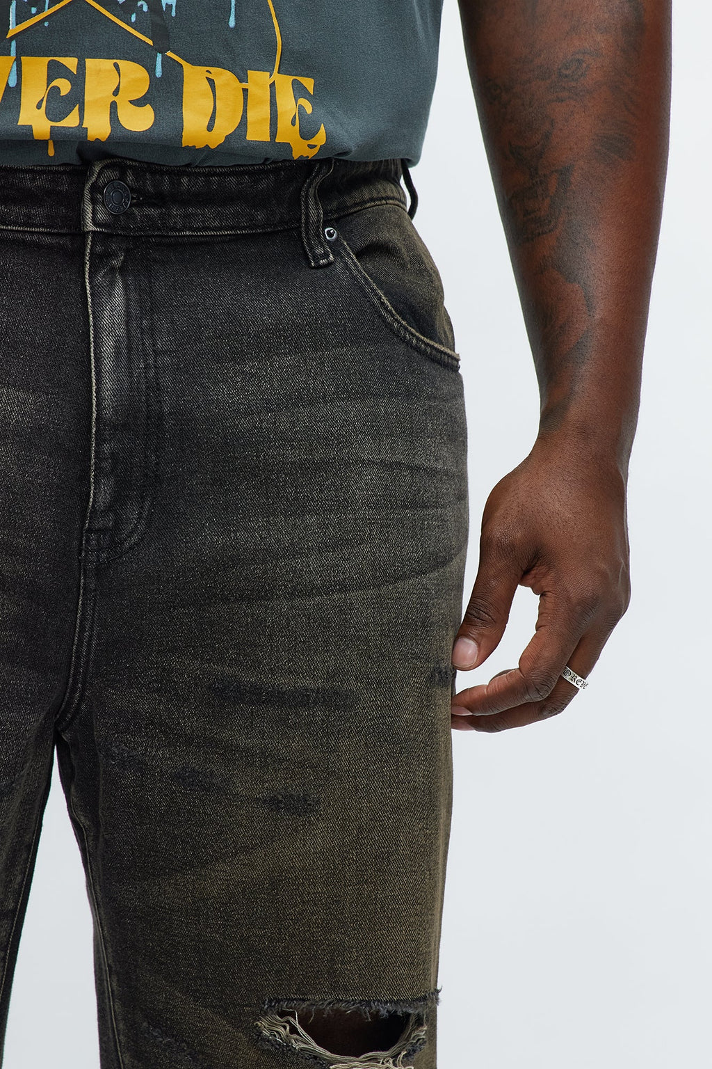 Stacked Slim Flare All Alone Distressed Jeans - Black Wash