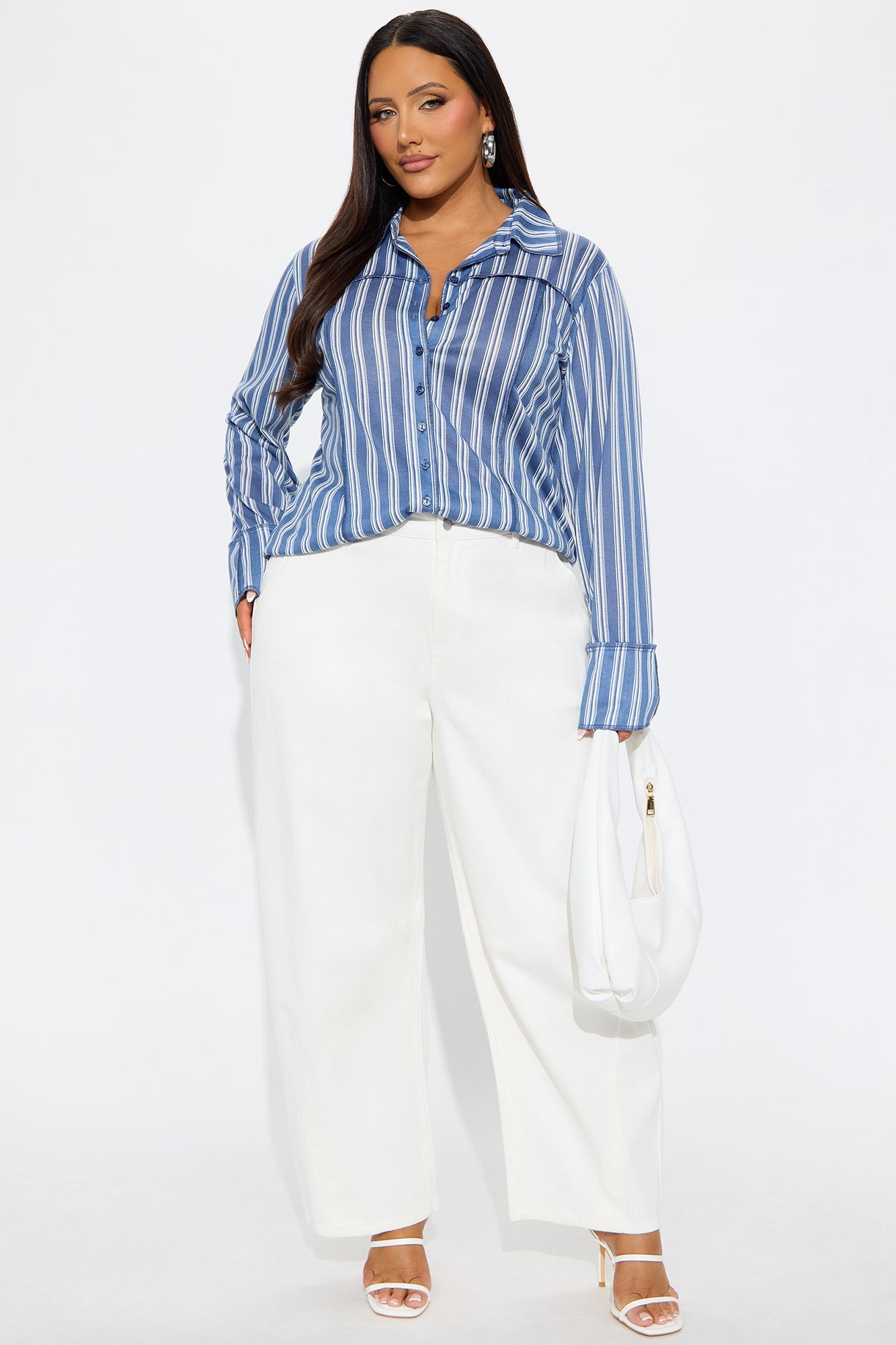 Optical Illusion Striped Long Sleeve Button Up Shirt - Blue/combo
