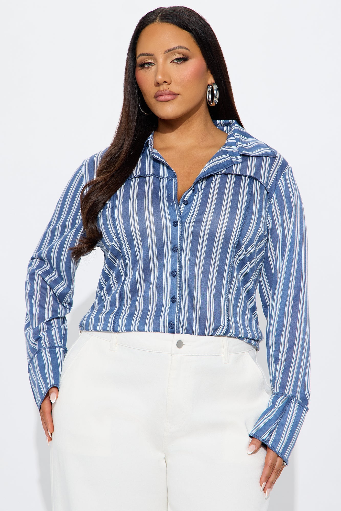 Optical Illusion Striped Long Sleeve Button Up Shirt - Blue/combo