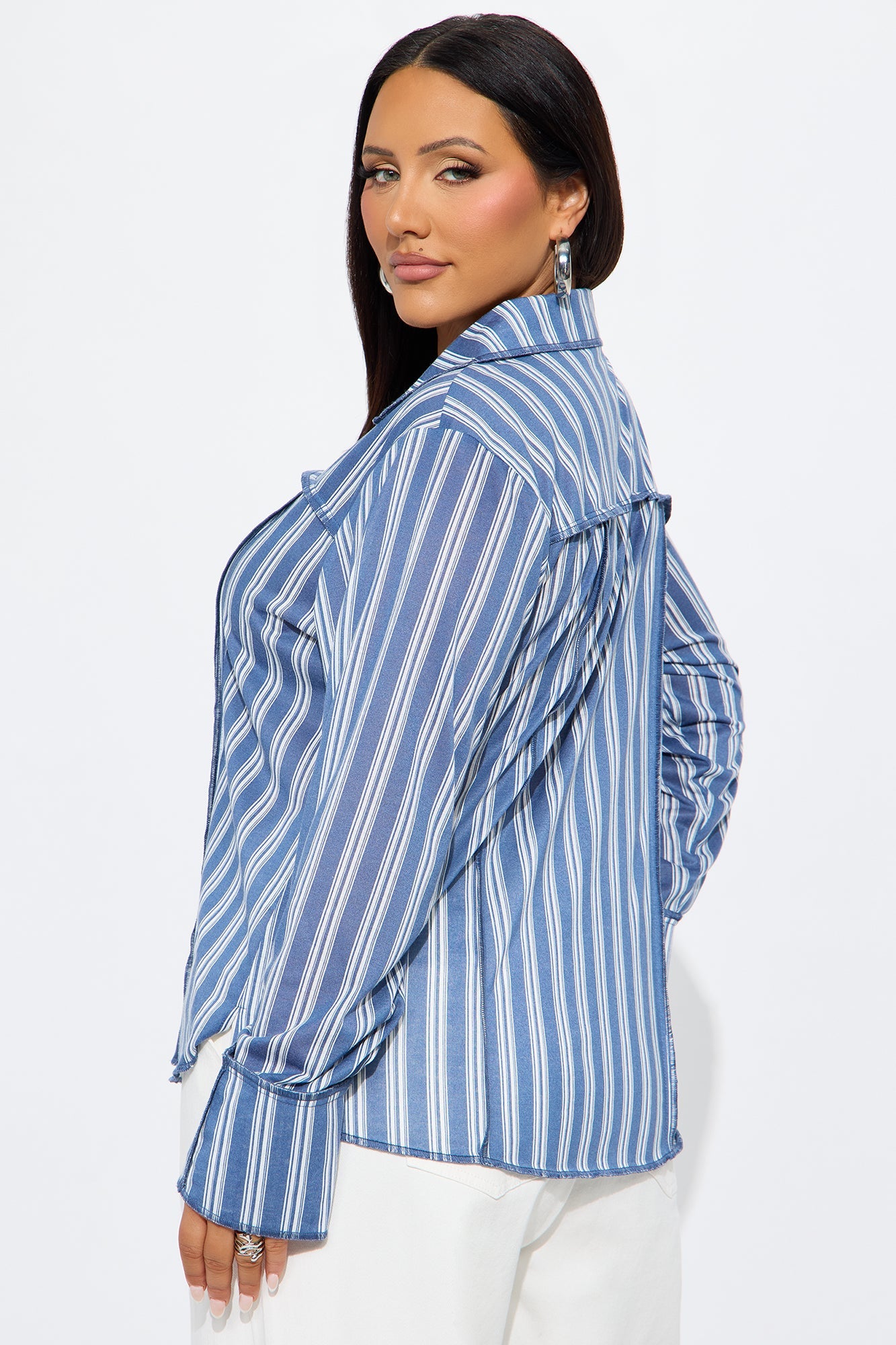 Optical Illusion Striped Long Sleeve Button Up Shirt - Blue/combo