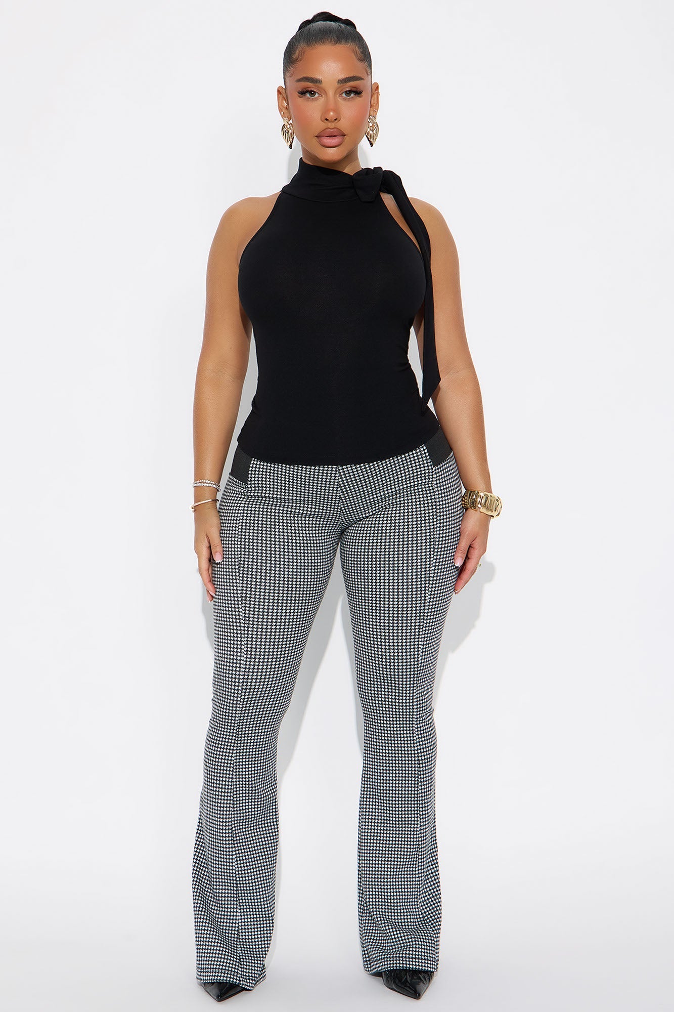 Peony Tie Neck Mock Neck Top - Black