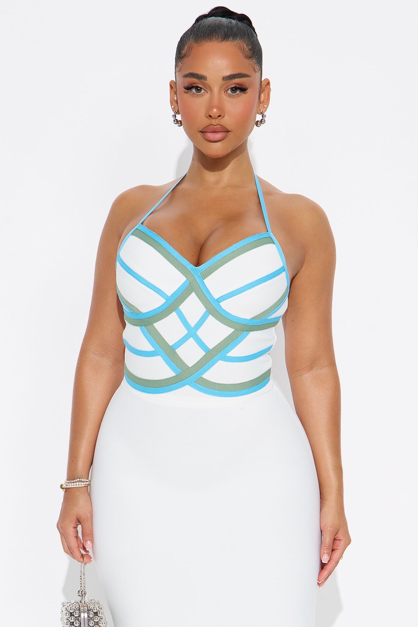 Curve Agenda Halter Bandage Mini Dress - White/combo