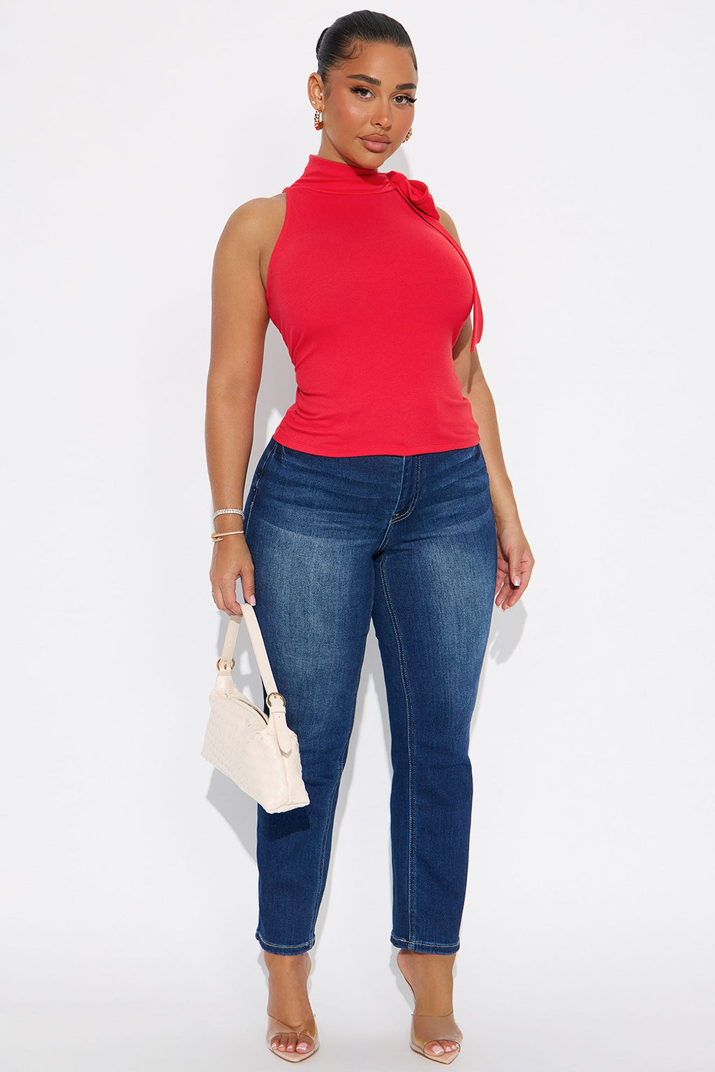 Peony Tie Neck Mock Neck Top - Red