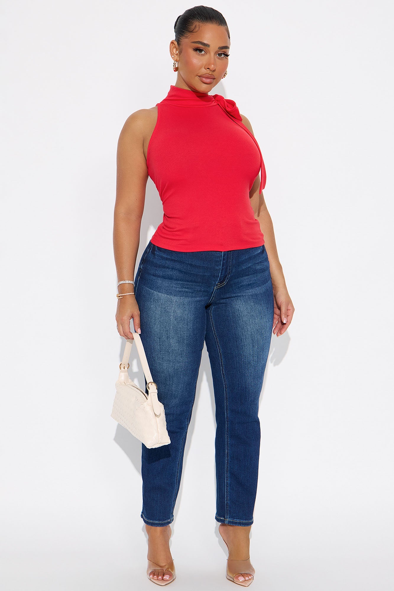 Peony Tie Neck Mock Neck Top - Red