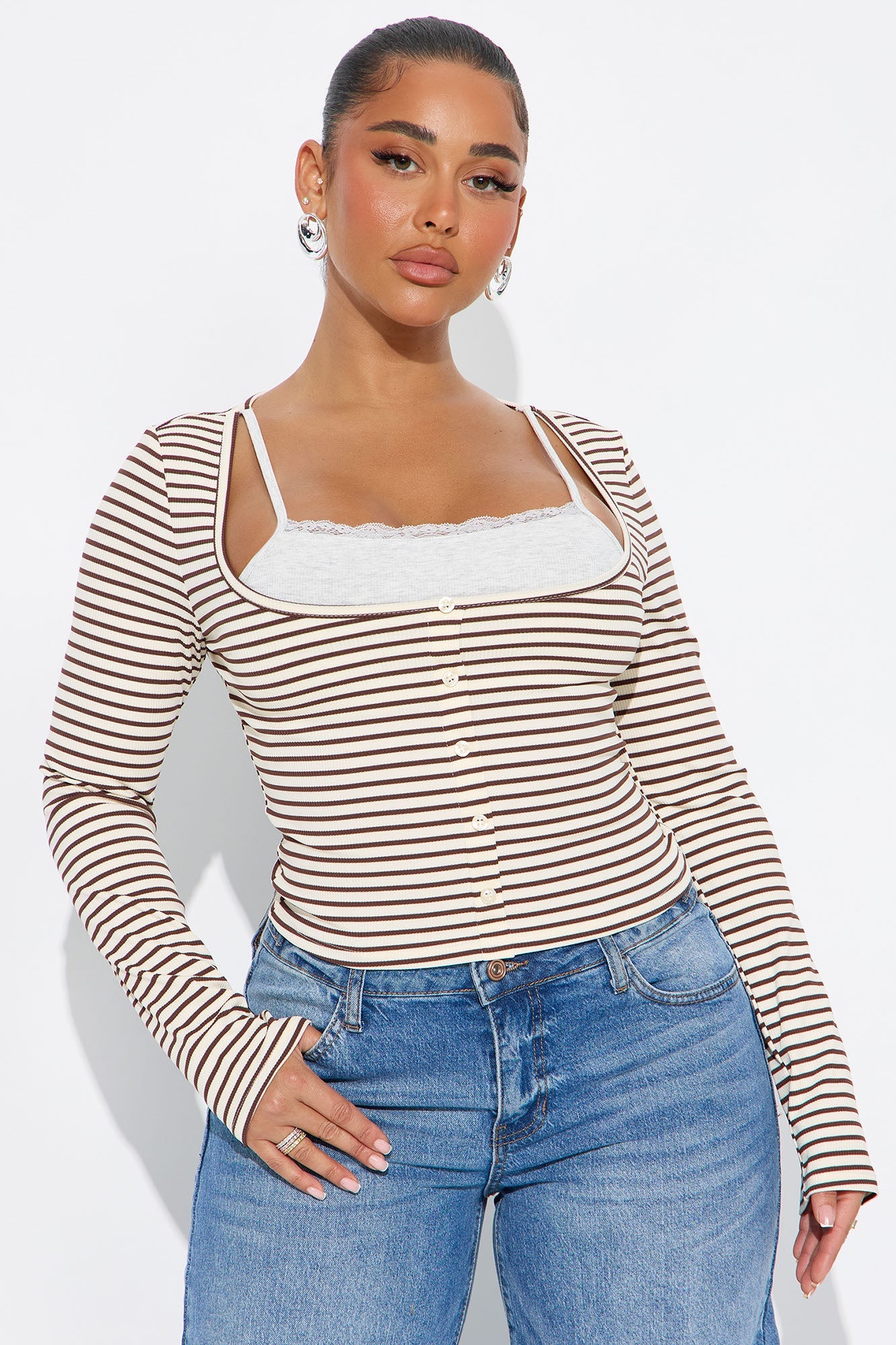 Channa Striped Ribbed Long Sleeve Top - Burgundy/combo
