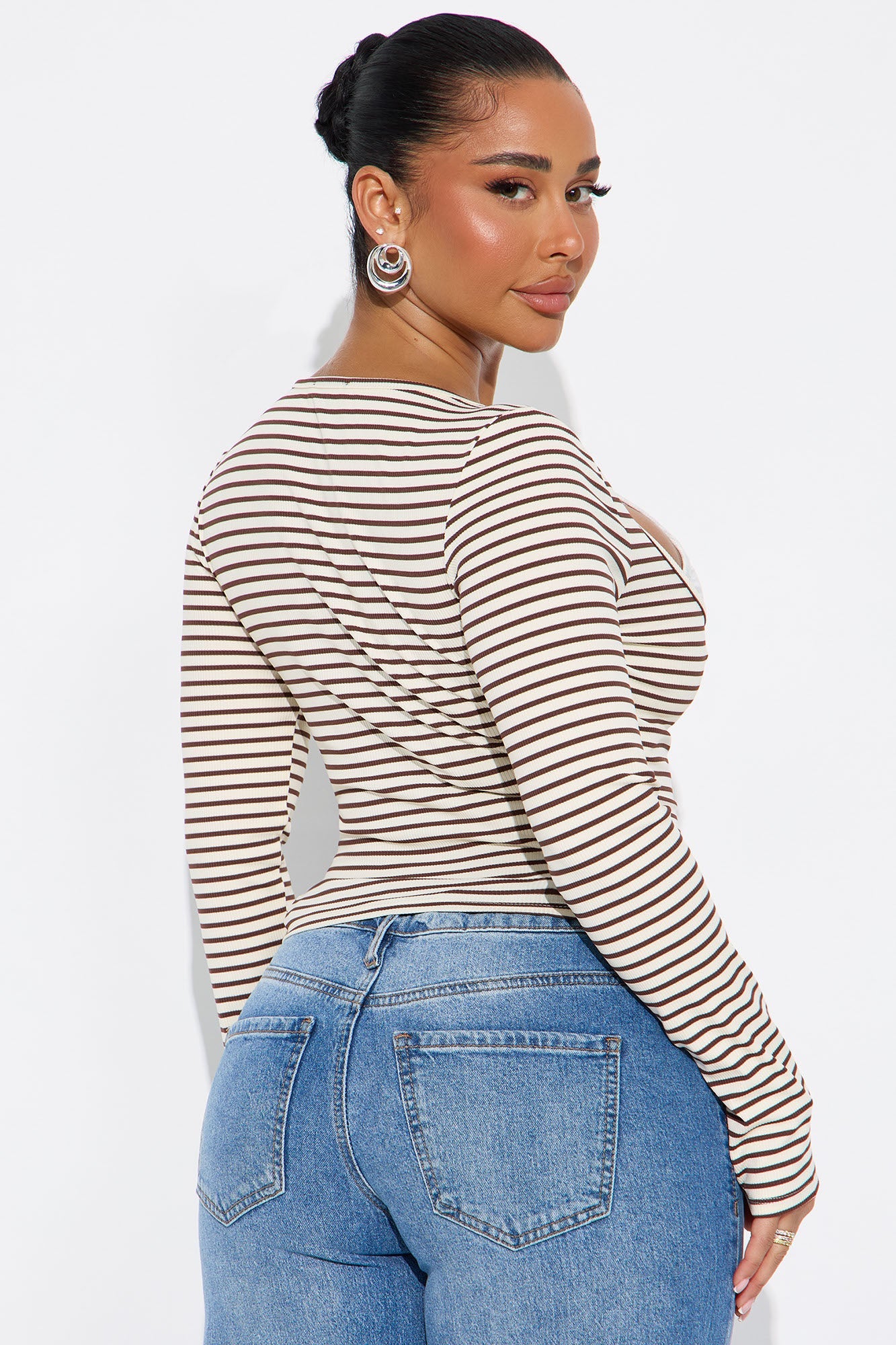 Channa Striped Ribbed Long Sleeve Top - Burgundy/combo