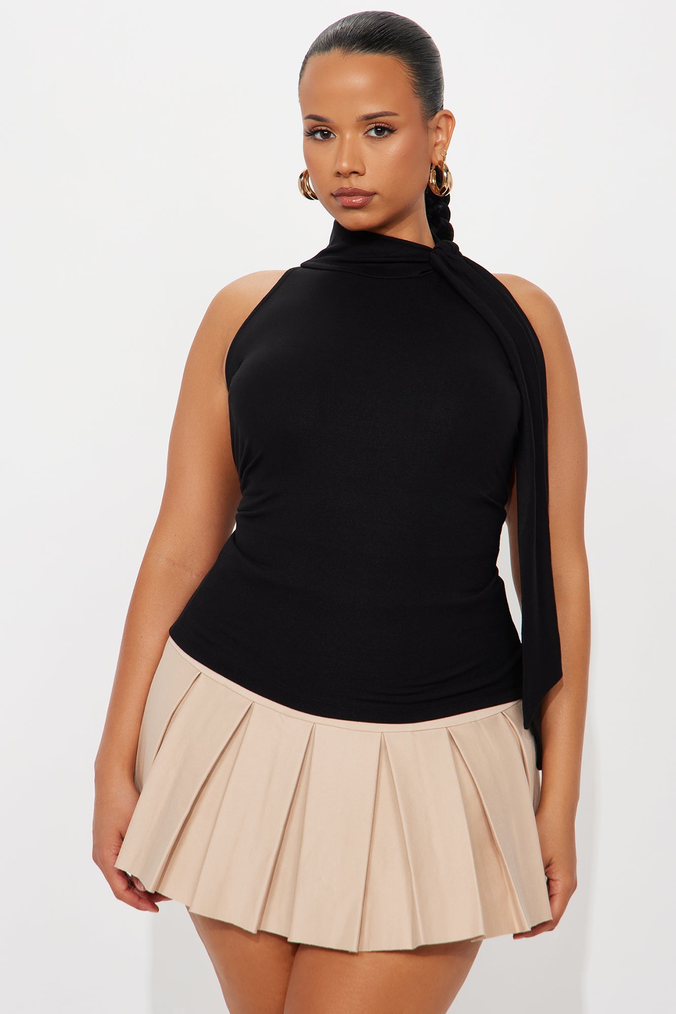 Peony Tie Neck Mock Neck Top - Black