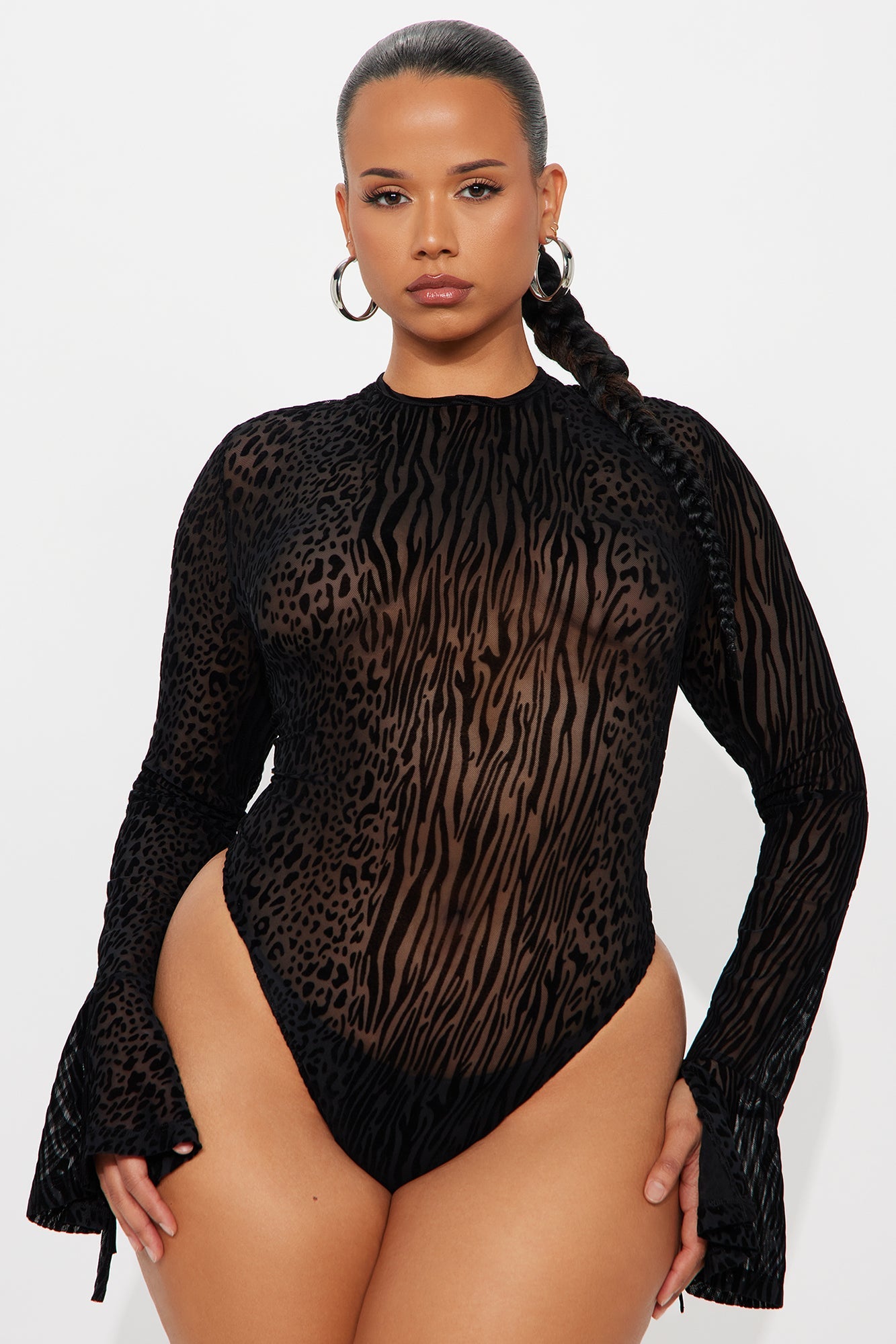 Power Play Flocked Mesh Long Sleeve Bodysuit - Black
