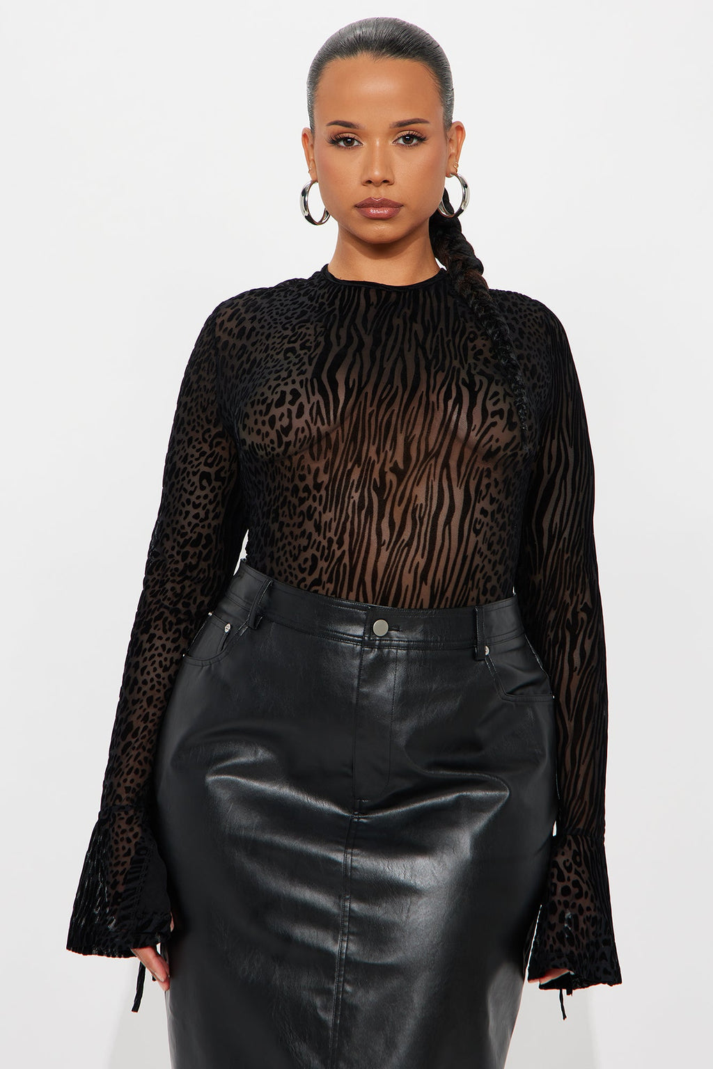 Power Play Flocked Mesh Long Sleeve Bodysuit - Black
