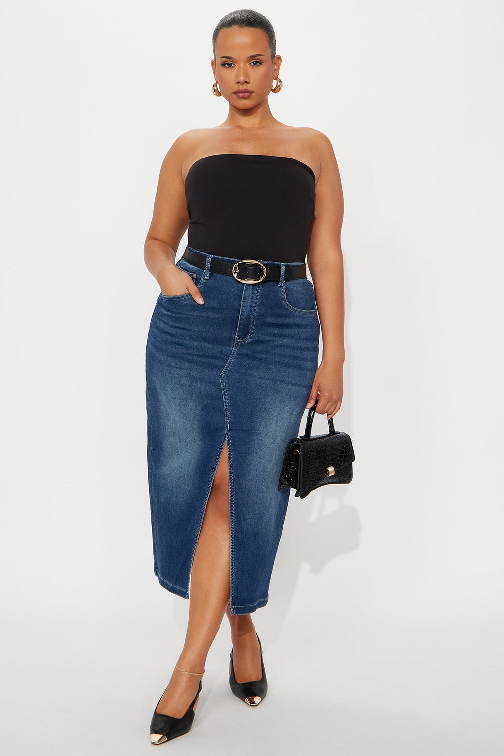 Kelly French Terry Denim Midi Skirt - Medium Wash