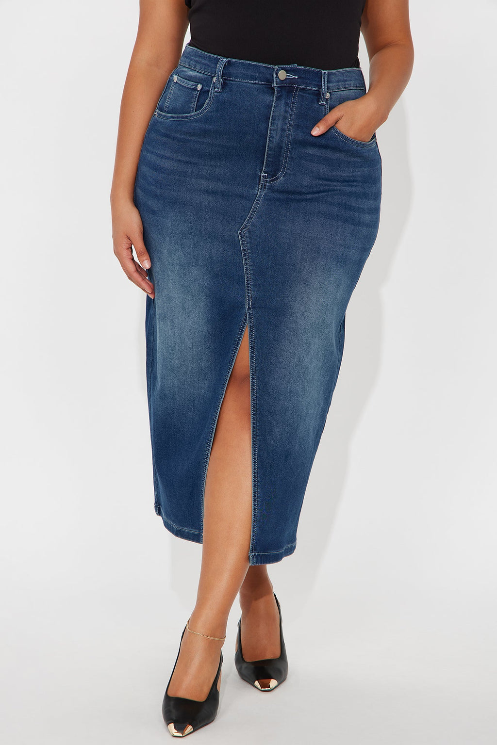 Kelly French Terry Denim Midi Skirt - Medium Wash