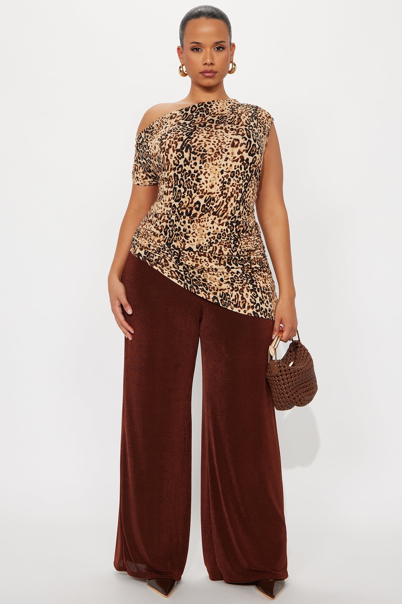Freya Ruched Asymmetrical Off Shoulder Top - Leopard