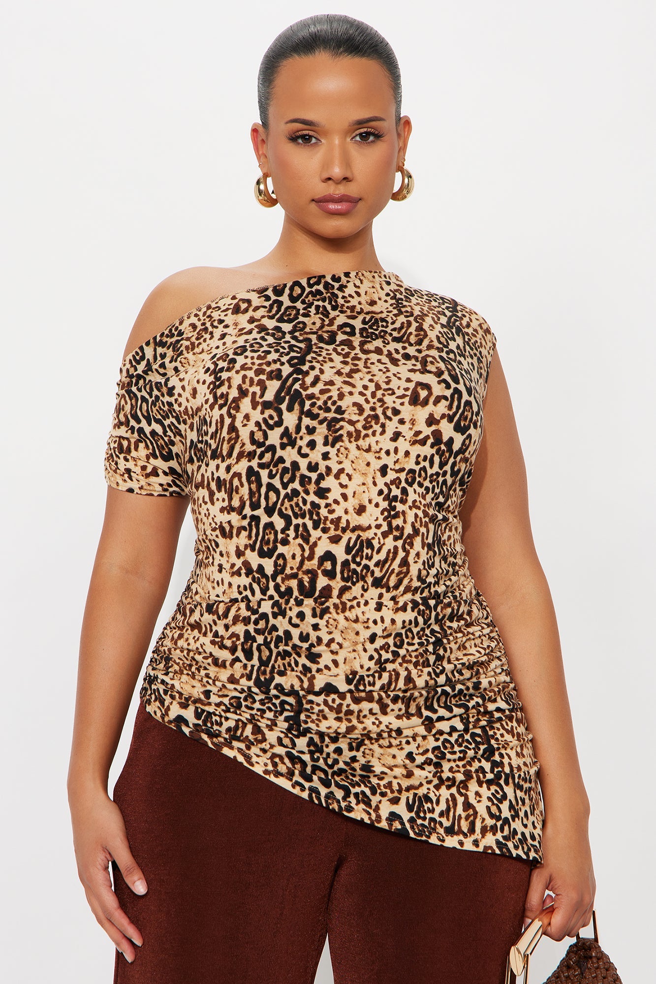 Freya Ruched Asymmetrical Off Shoulder Top - Leopard