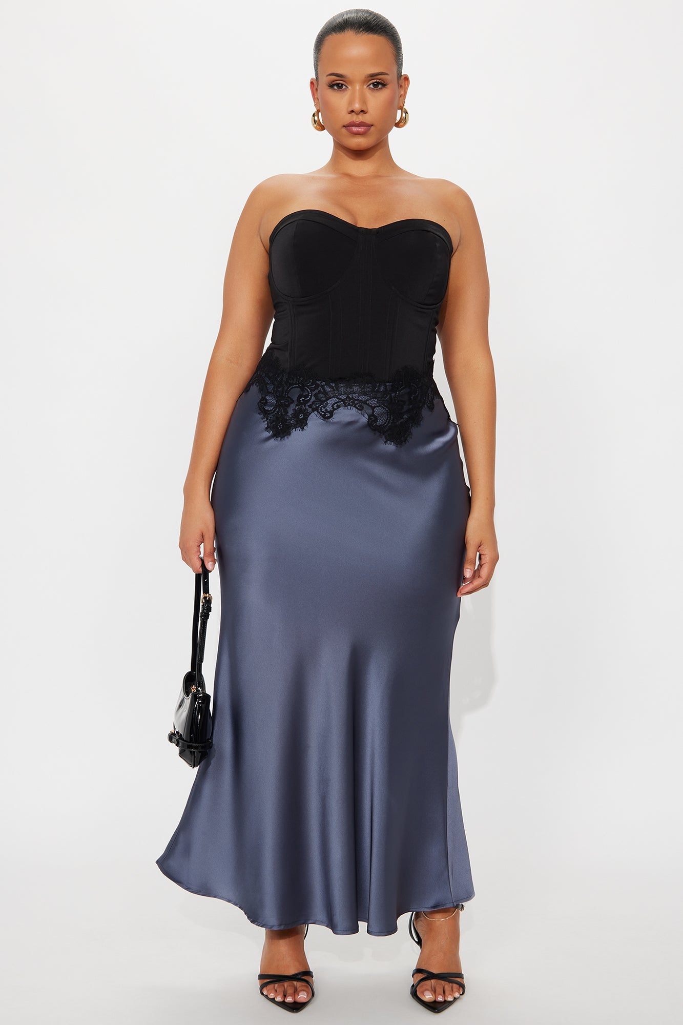 Selene Satin Lace Maxi Skirt - Slate Blue