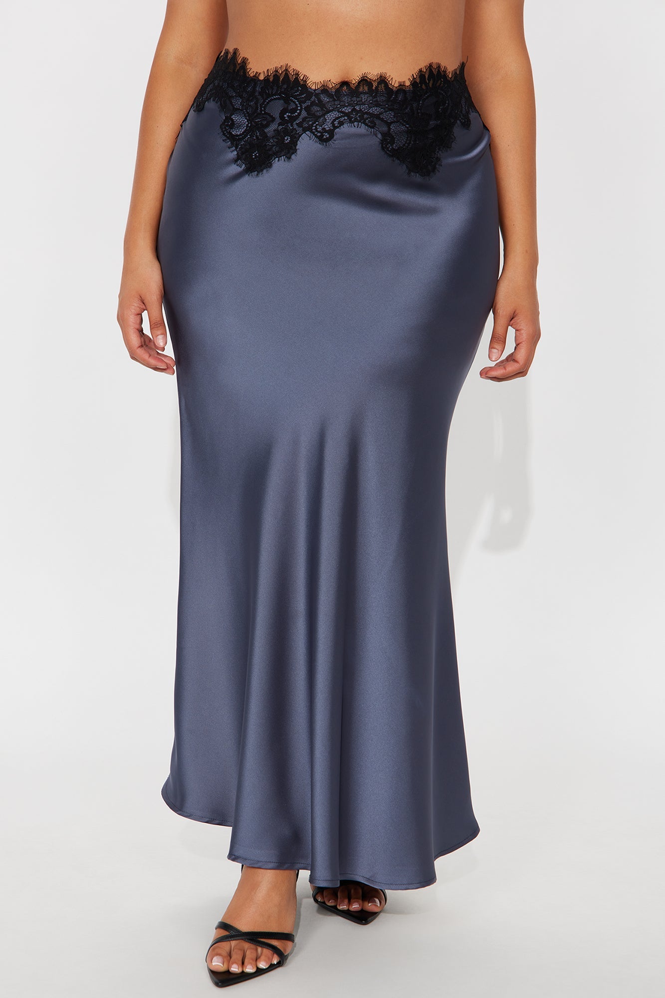Selene Satin Lace Maxi Skirt - Slate Blue