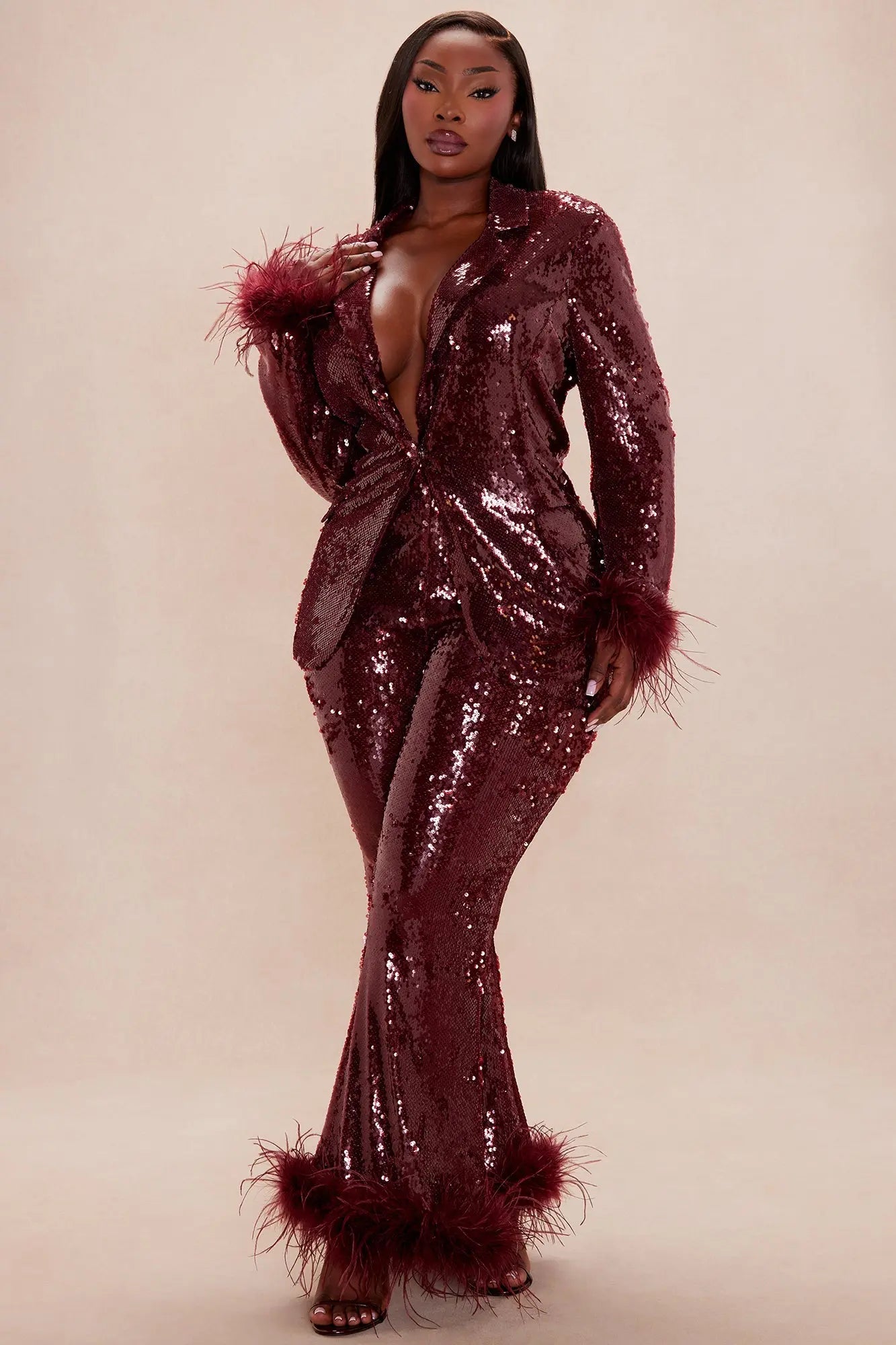 Sienna Feathered Sequin Blazer - Burgundy 
