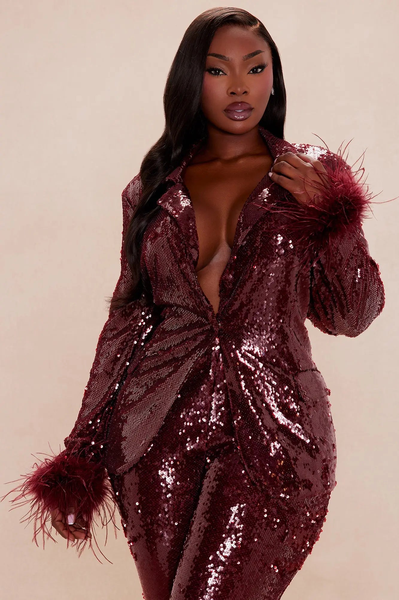 Sienna Feathered Sequin Blazer - Burgundy 