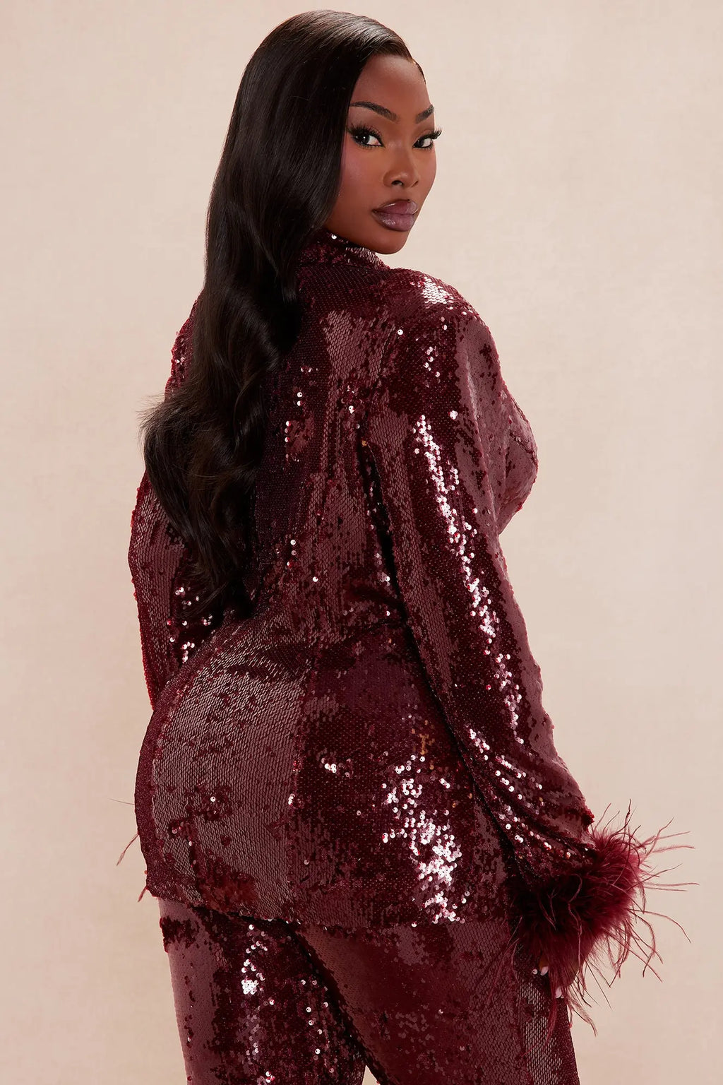 Sienna Feathered Sequin Blazer - Burgundy 